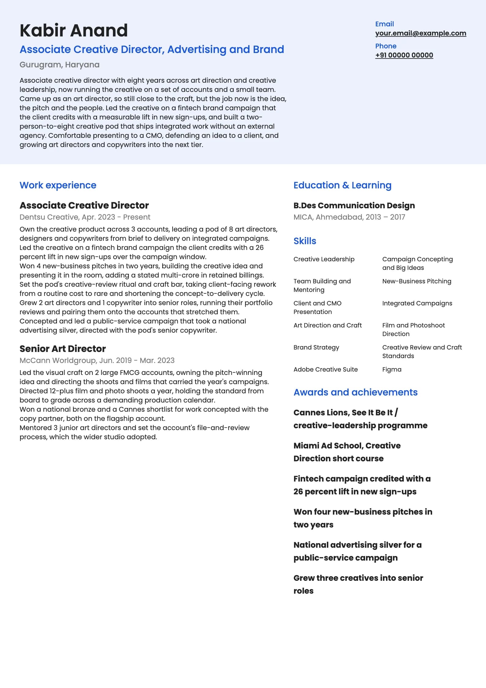 Creative Director resume example for Associate Creative Director (8 years), modern template, showing professional summary, work experience, skills, education and certifications