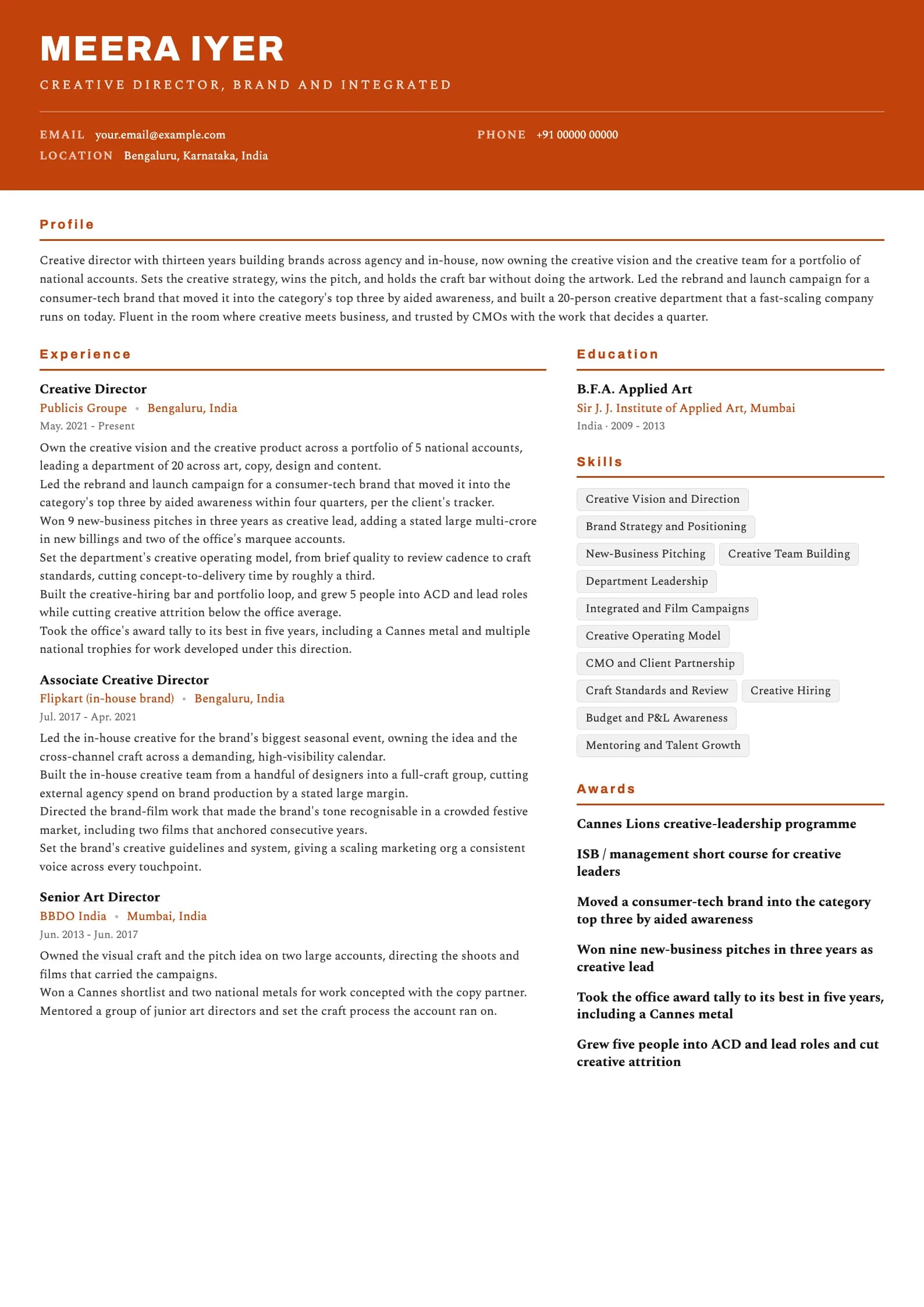 Creative Director resume example for Creative Director (13 years), header-band template, showing professional summary, work experience, skills, education and certifications