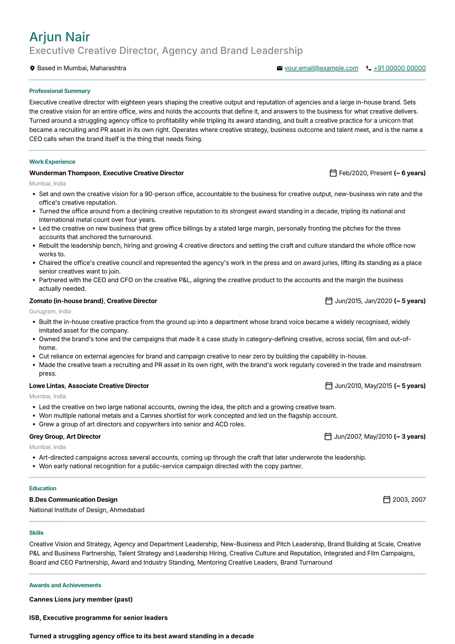 Creative Director resume example for Executive Creative Director (18 years), professional template, showing professional summary, work experience, skills, education and certifications