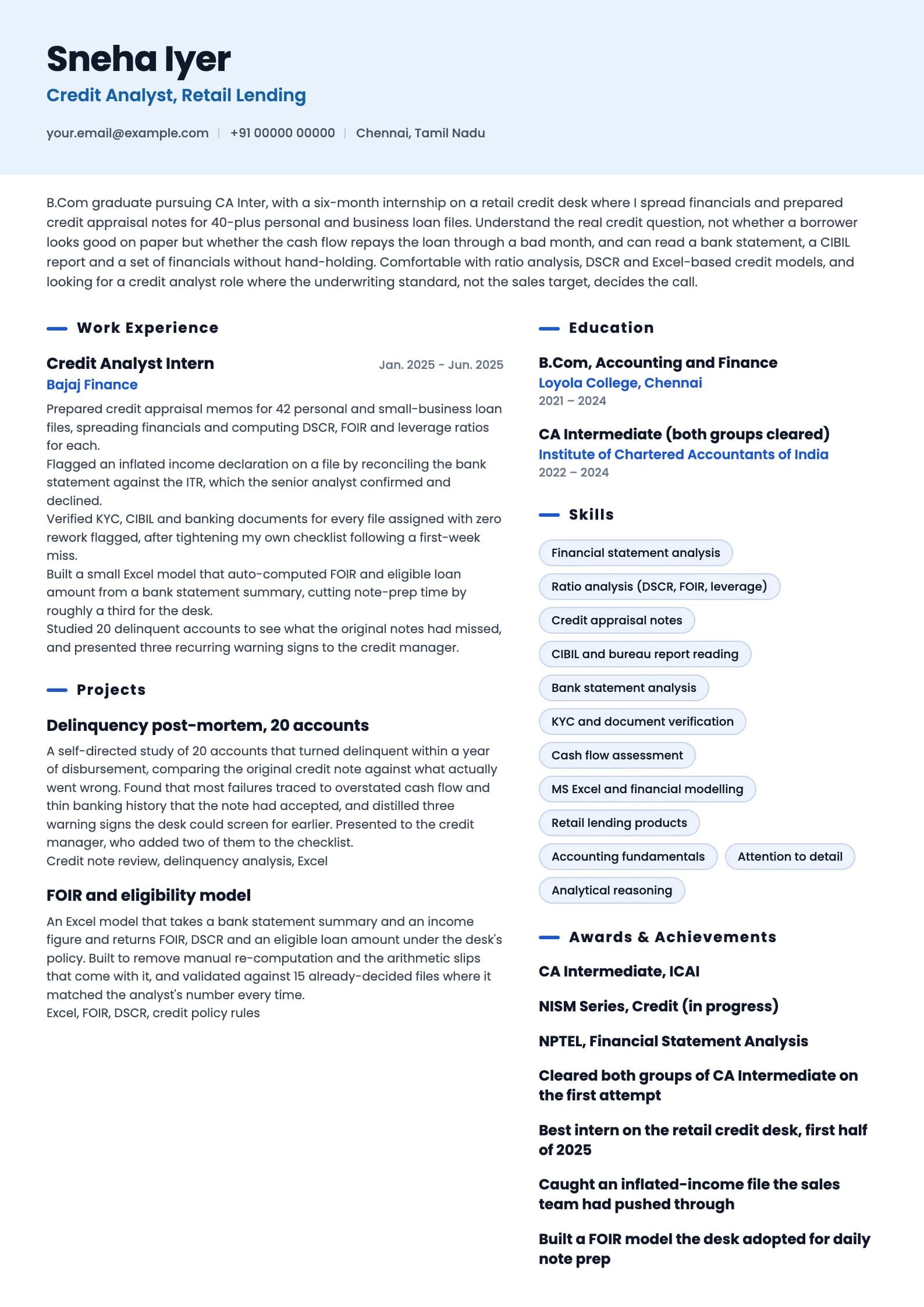 Credit Analyst resume example for Fresher (0 years), ai-era template, showing professional summary, work experience, projects, skills, education and certifications