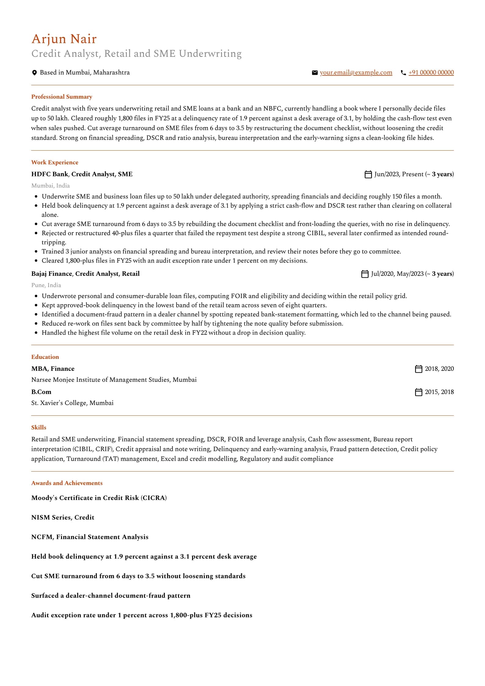 Credit Analyst resume example for Mid-level (5 years), professional template, showing professional summary, work experience, skills, education and certifications