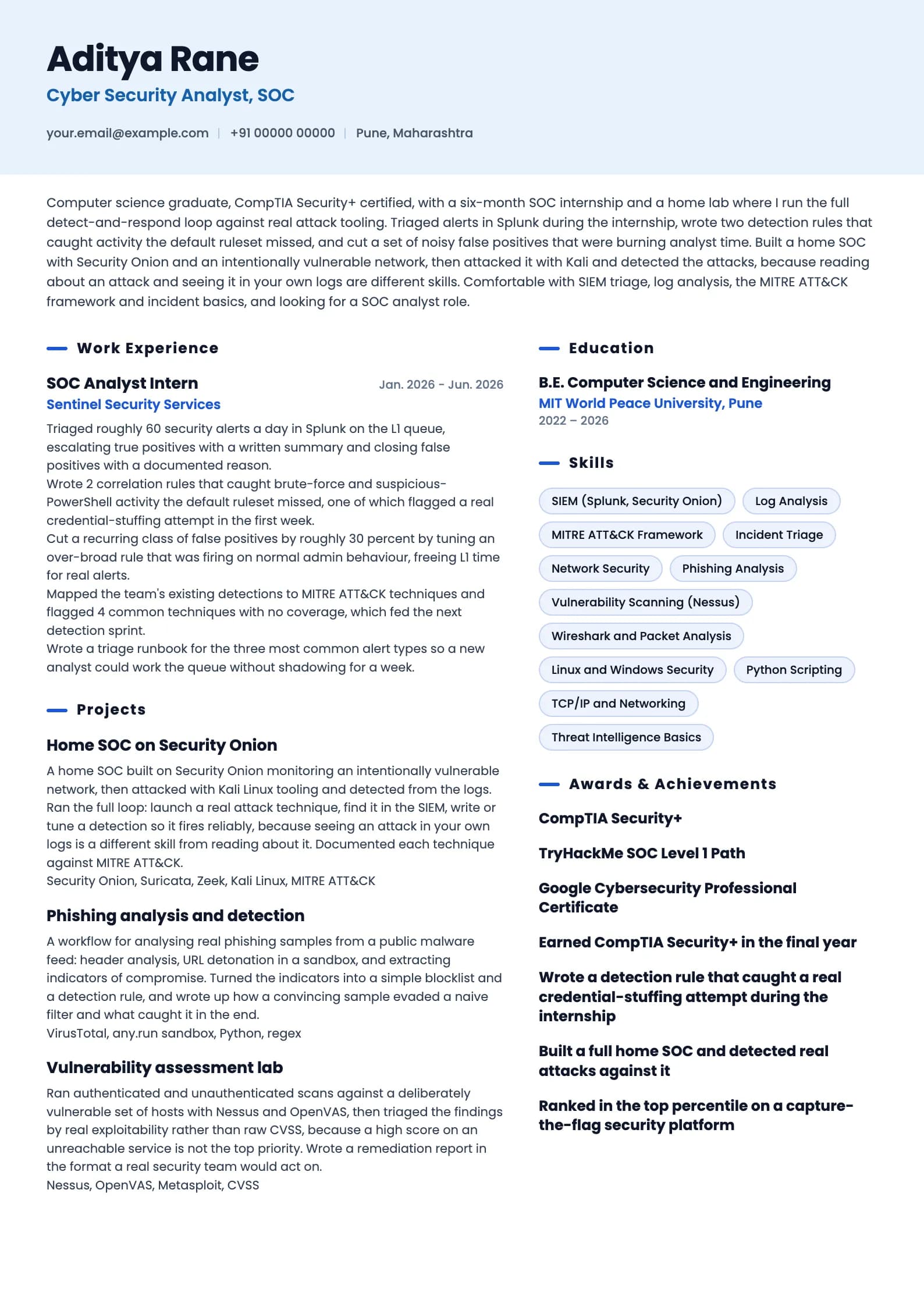 Cyber Security Analyst resume example for Fresher (0 to 1 years), ai-era template, showing professional summary, work experience, projects, skills, education and certifications