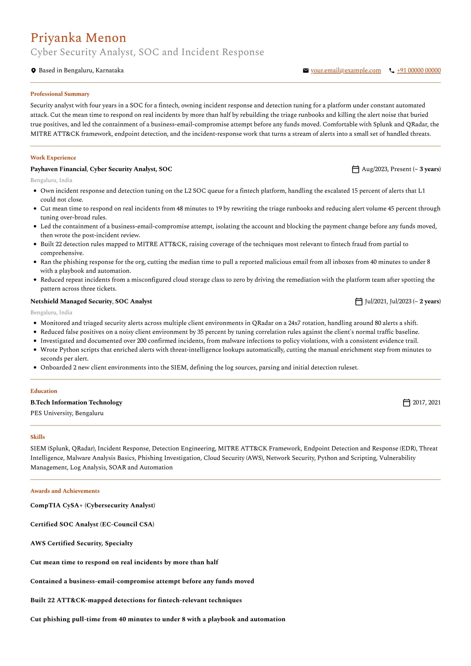 Cyber Security Analyst resume example for Mid-level (4 years), professional template, showing professional summary, work experience, skills, education and certifications
