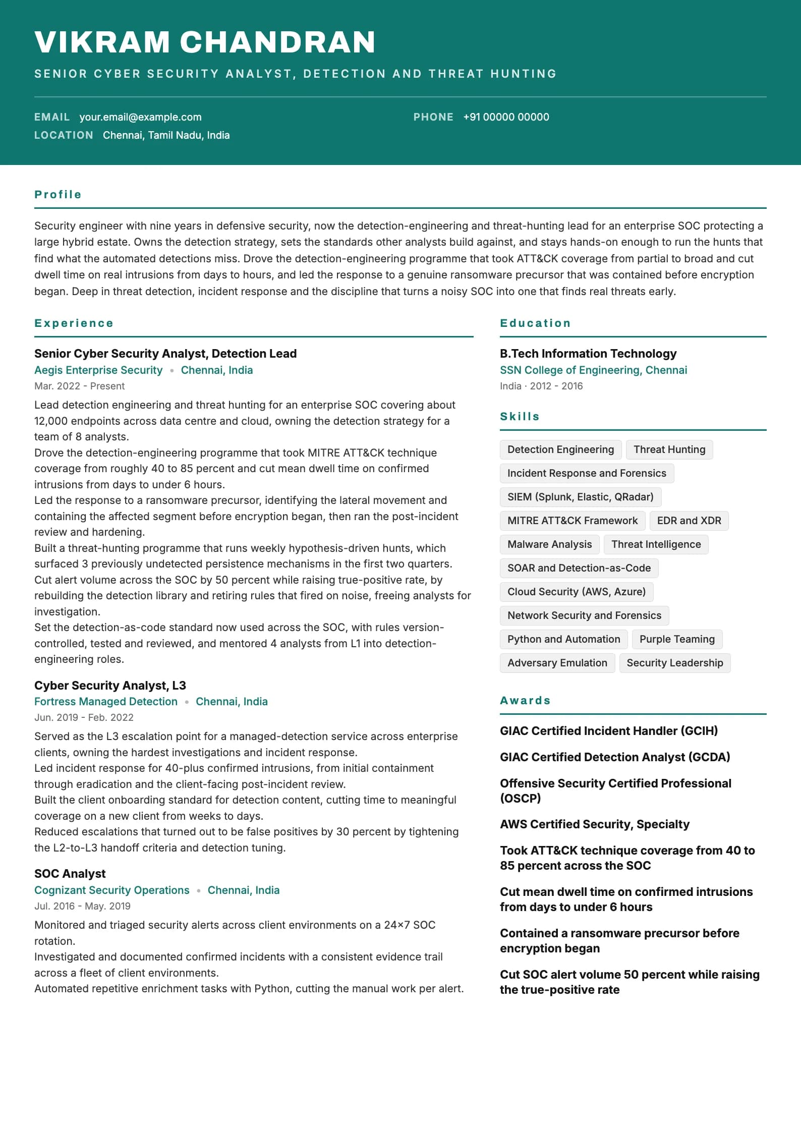 Cyber Security Analyst resume example for Senior (9 years), header-band template, showing professional summary, work experience, skills, education and certifications