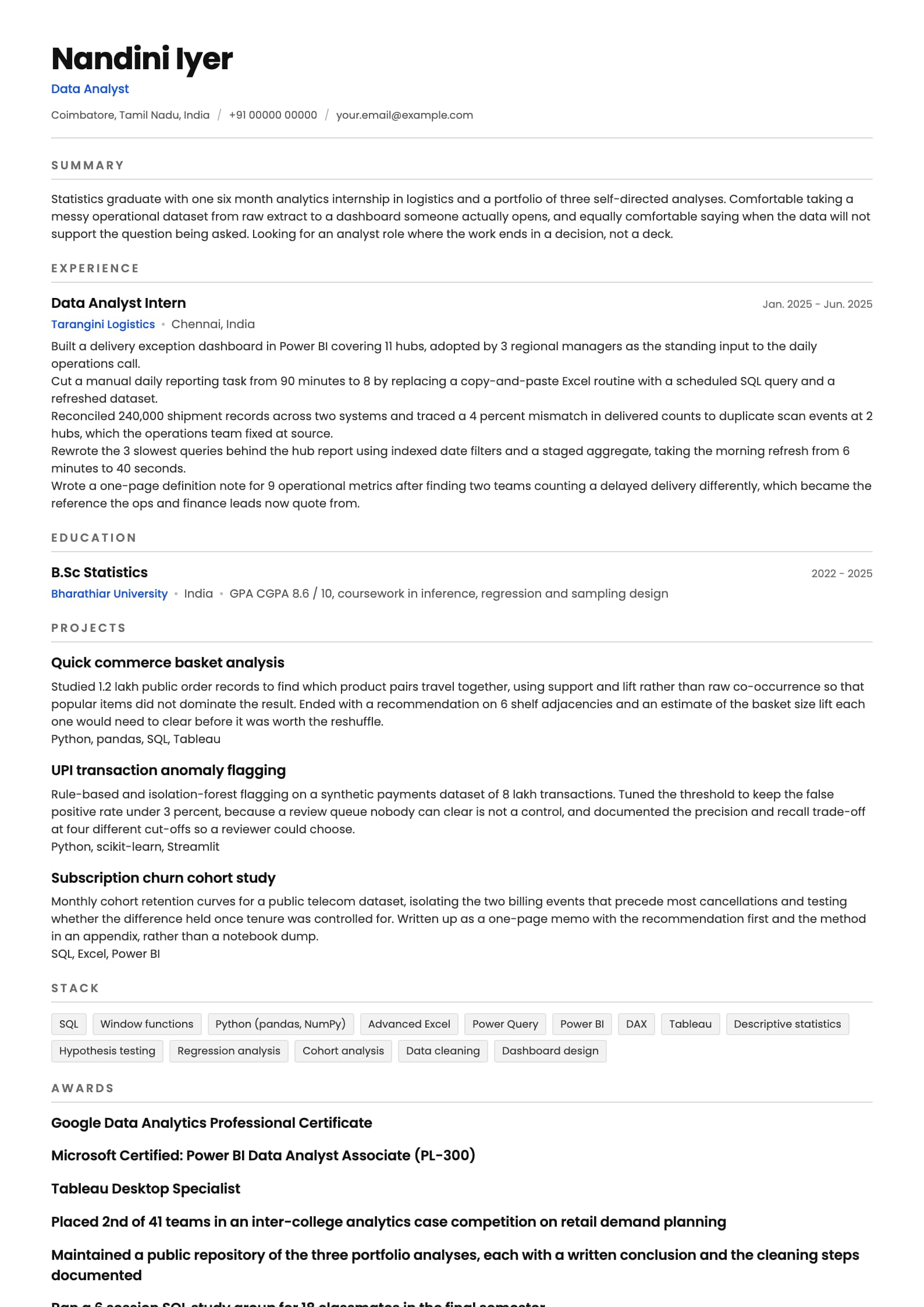 Data Analyst resume example for Fresher or career switcher (0 years), mono-tech template, showing professional summary, work experience, projects, skills, education and certifications