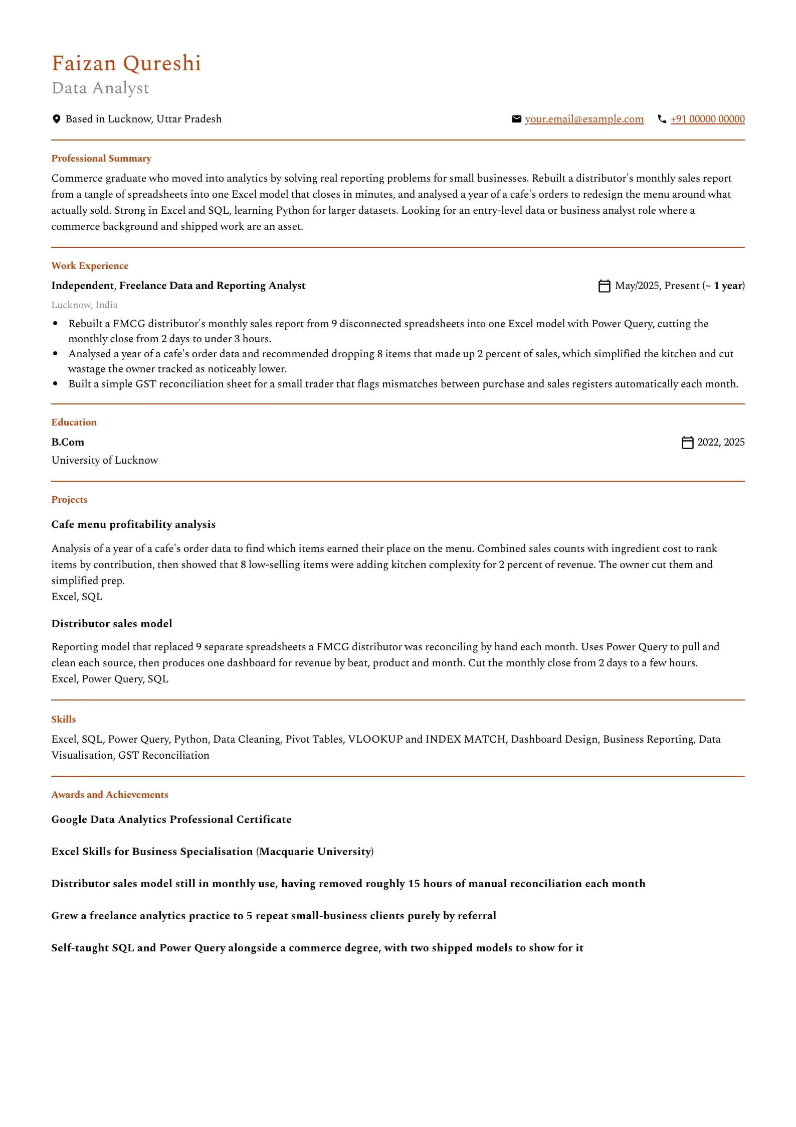 Data Analyst resume example for Commerce graduate, self-taught (0 years), minimalist template, showing professional summary, work experience, projects, skills, education and certifications