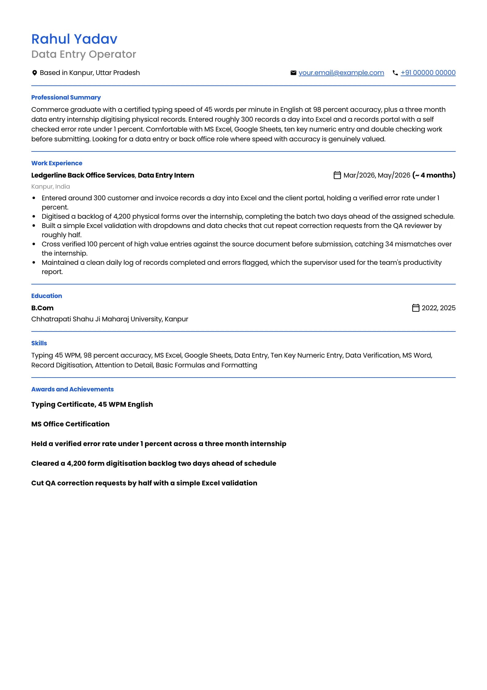 Data Entry Operator resume example for Fresher (0 years), minimalist template, showing professional summary, work experience, skills, education and certifications