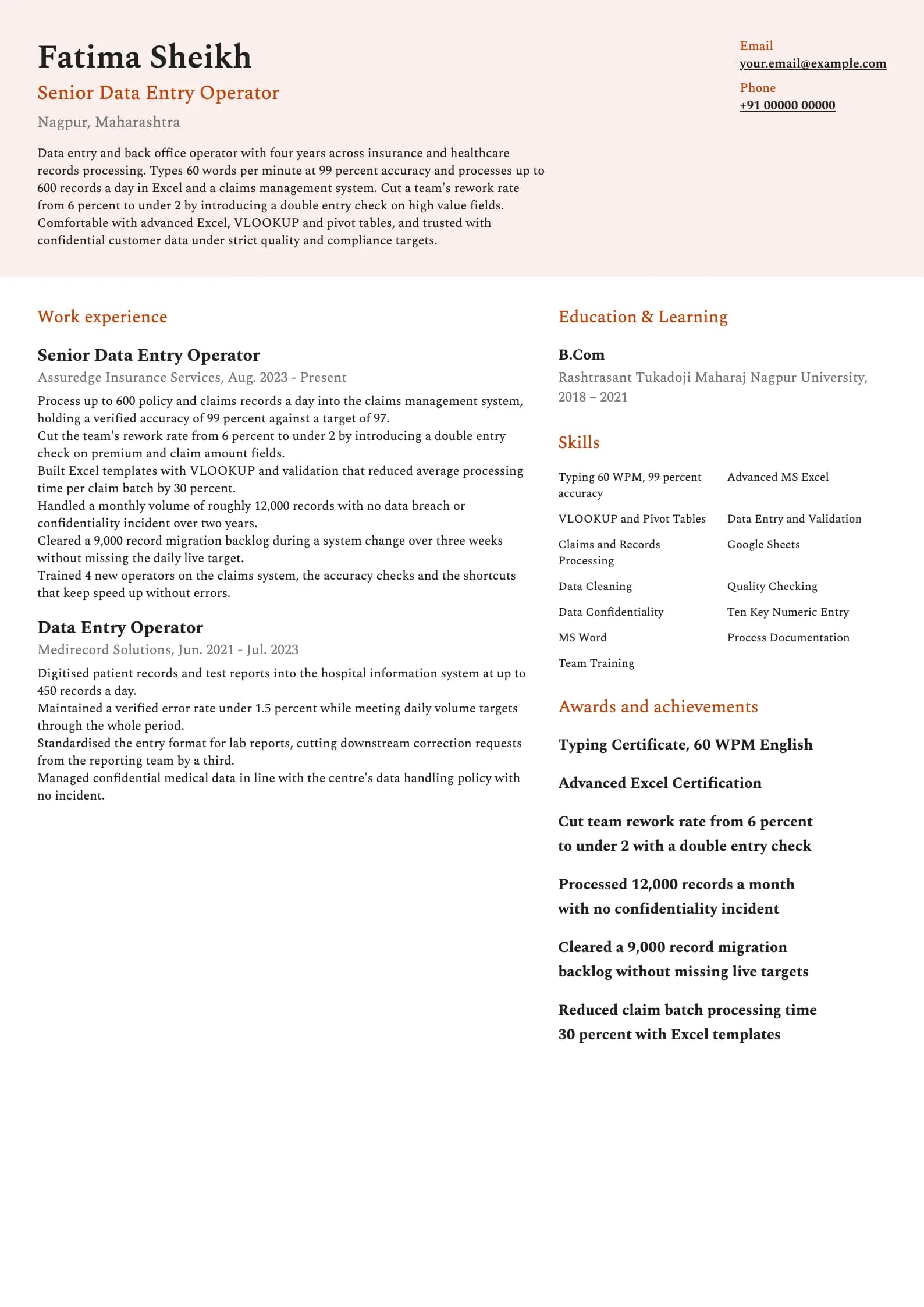 Data Entry Operator resume example for Mid-level (4 years), modern template, showing professional summary, work experience, skills, education and certifications