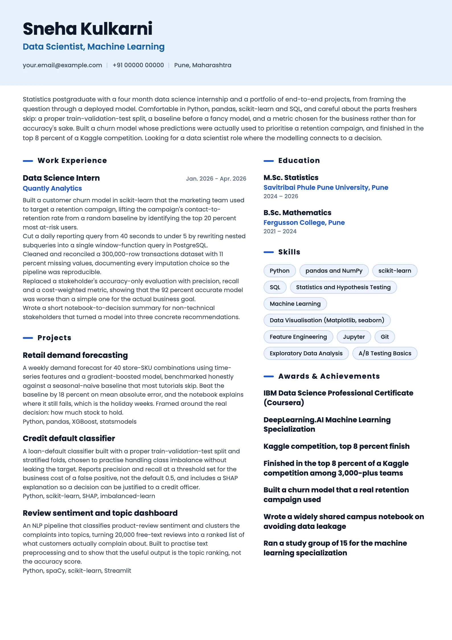 Data Scientist resume example for Fresher (0 years), ai-era template, showing professional summary, work experience, projects, skills, education and certifications