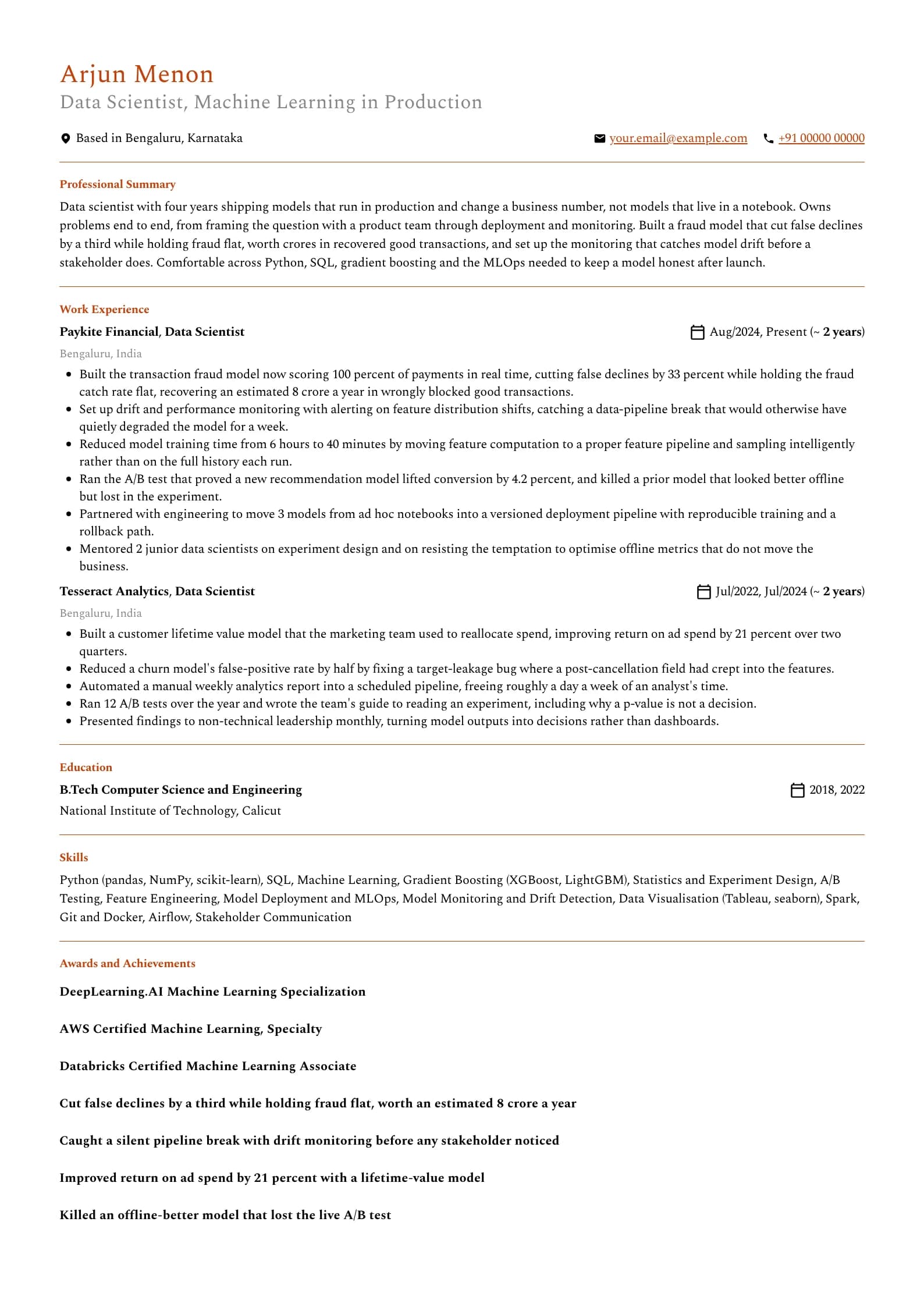 Data Scientist resume example for Mid-level (4 years), professional template, showing professional summary, work experience, skills, education and certifications