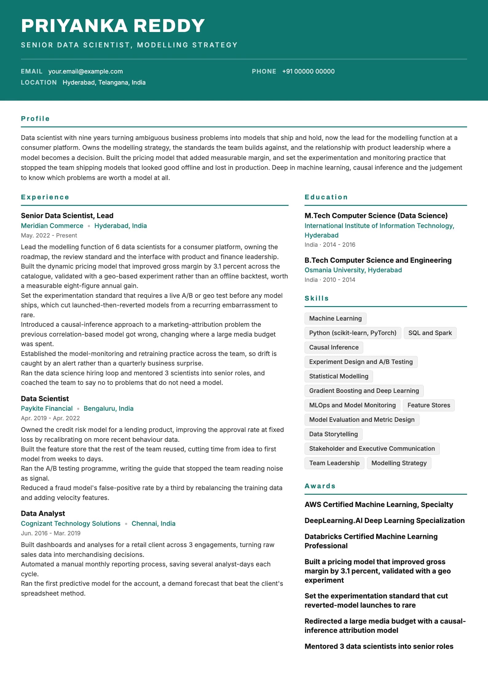 Data Scientist resume example for Senior (9 years), header-band template, showing professional summary, work experience, skills, education and certifications