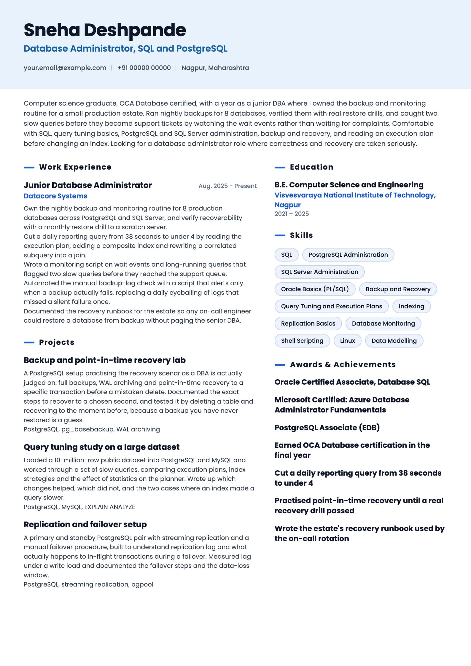 Database Administrator resume example for Fresher (0 to 1 years), ai-era template, showing professional summary, work experience, projects, skills, education and certifications