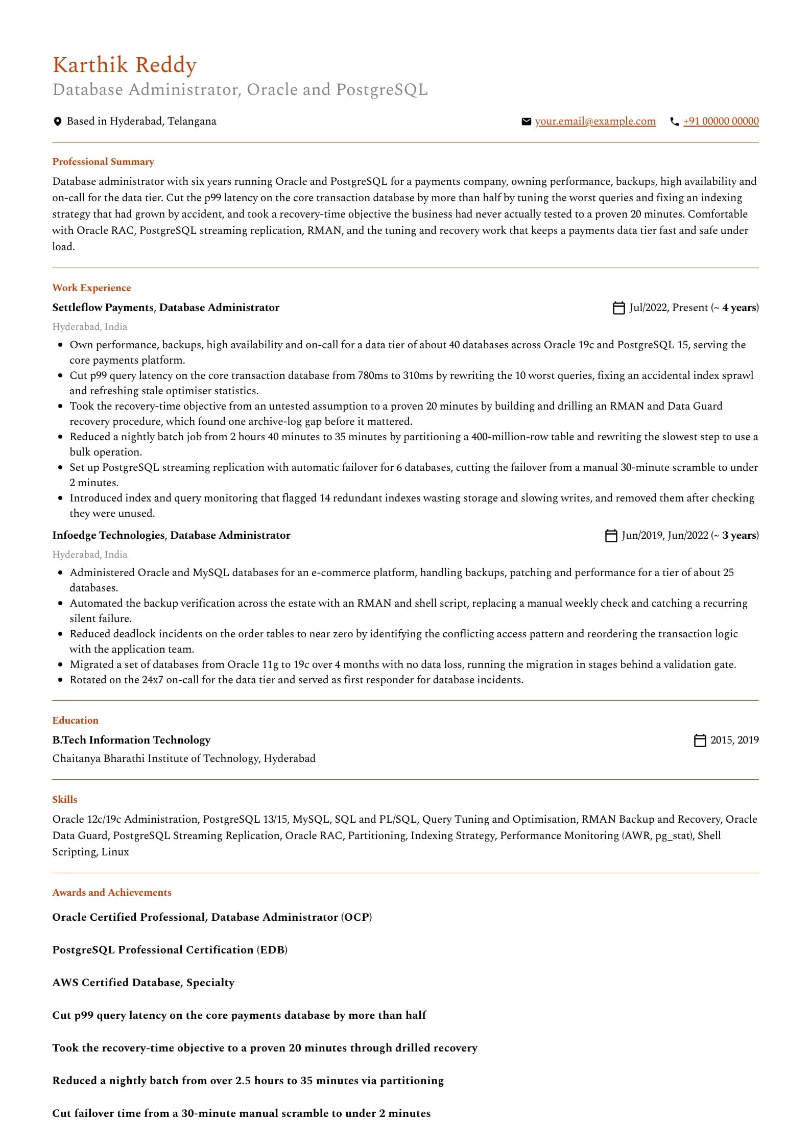 Database Administrator resume example for Mid-level (6 years), professional template, showing professional summary, work experience, skills, education and certifications