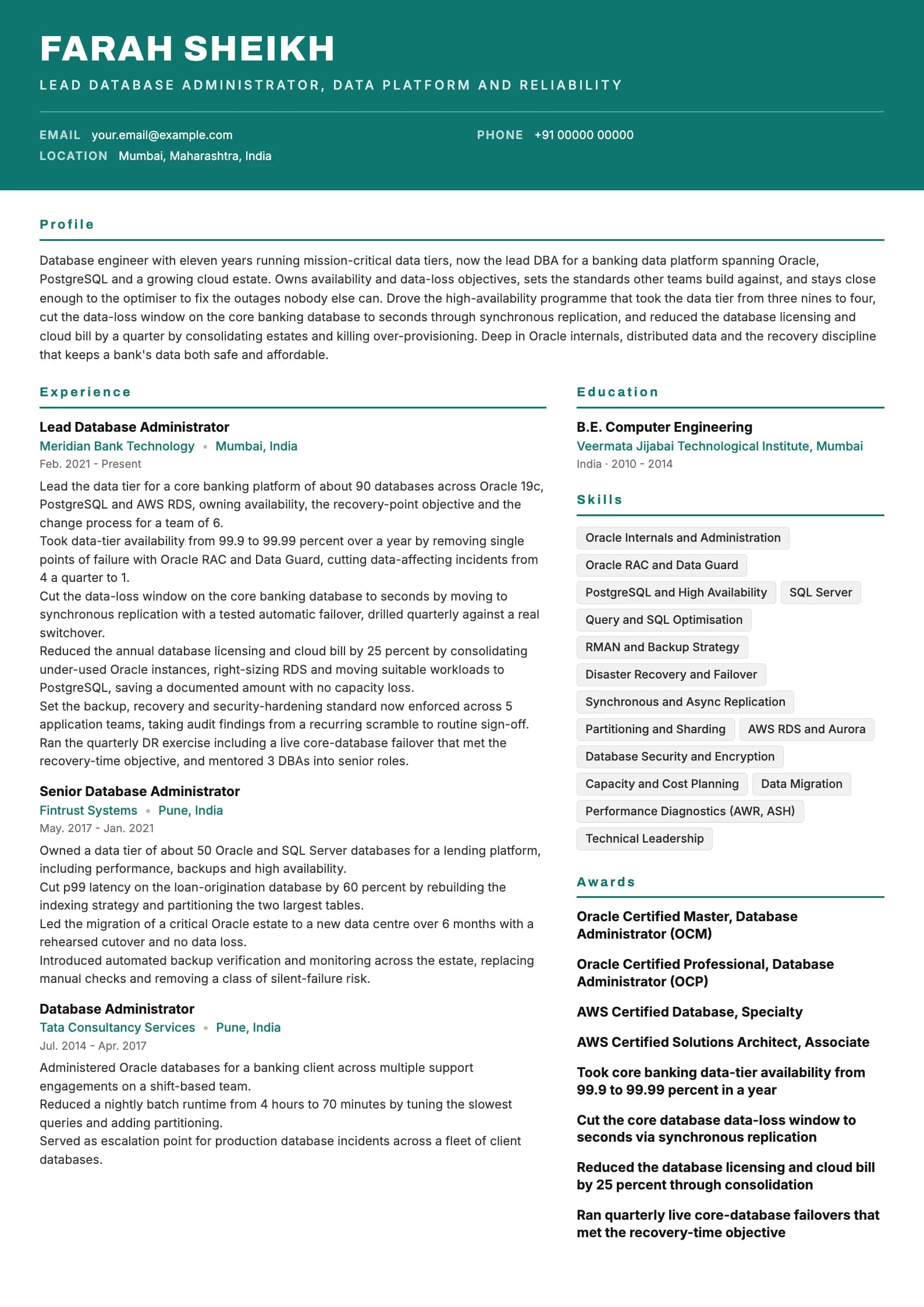Database Administrator resume example for Senior (11 years), header-band template, showing professional summary, work experience, skills, education and certifications