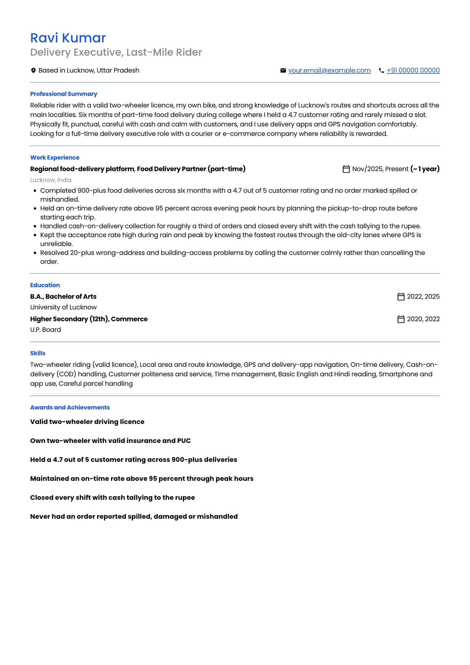 Delivery Executive resume example for Fresher rider (0 to 1 year), minimalist template, showing professional summary, work experience, skills, education and certifications