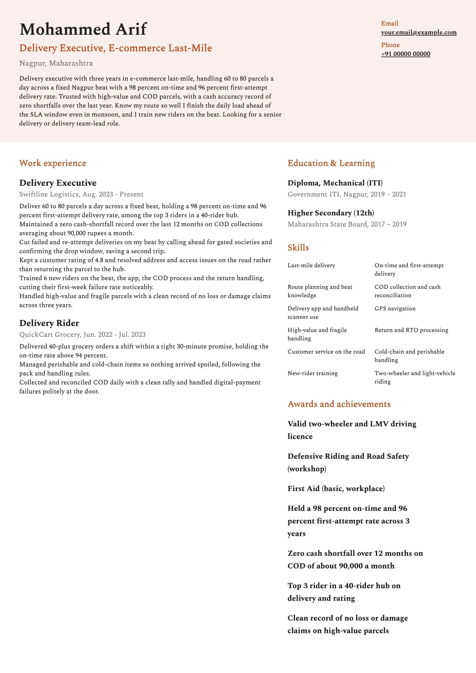Delivery Executive resume example for Experienced delivery executive (3 years), modern template, showing professional summary, work experience, skills, education and certifications