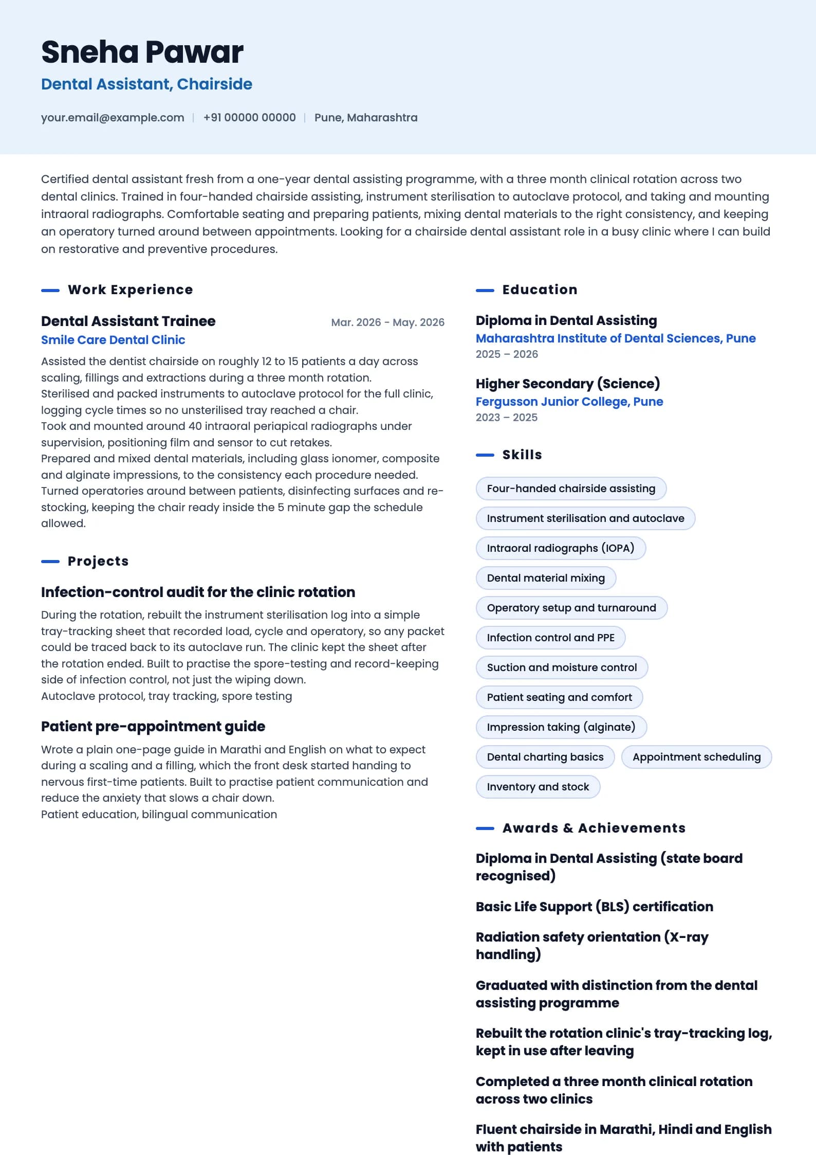 Dental Assistant resume example for Fresher (0 years), ai-era template, showing professional summary, work experience, projects, skills, education and certifications