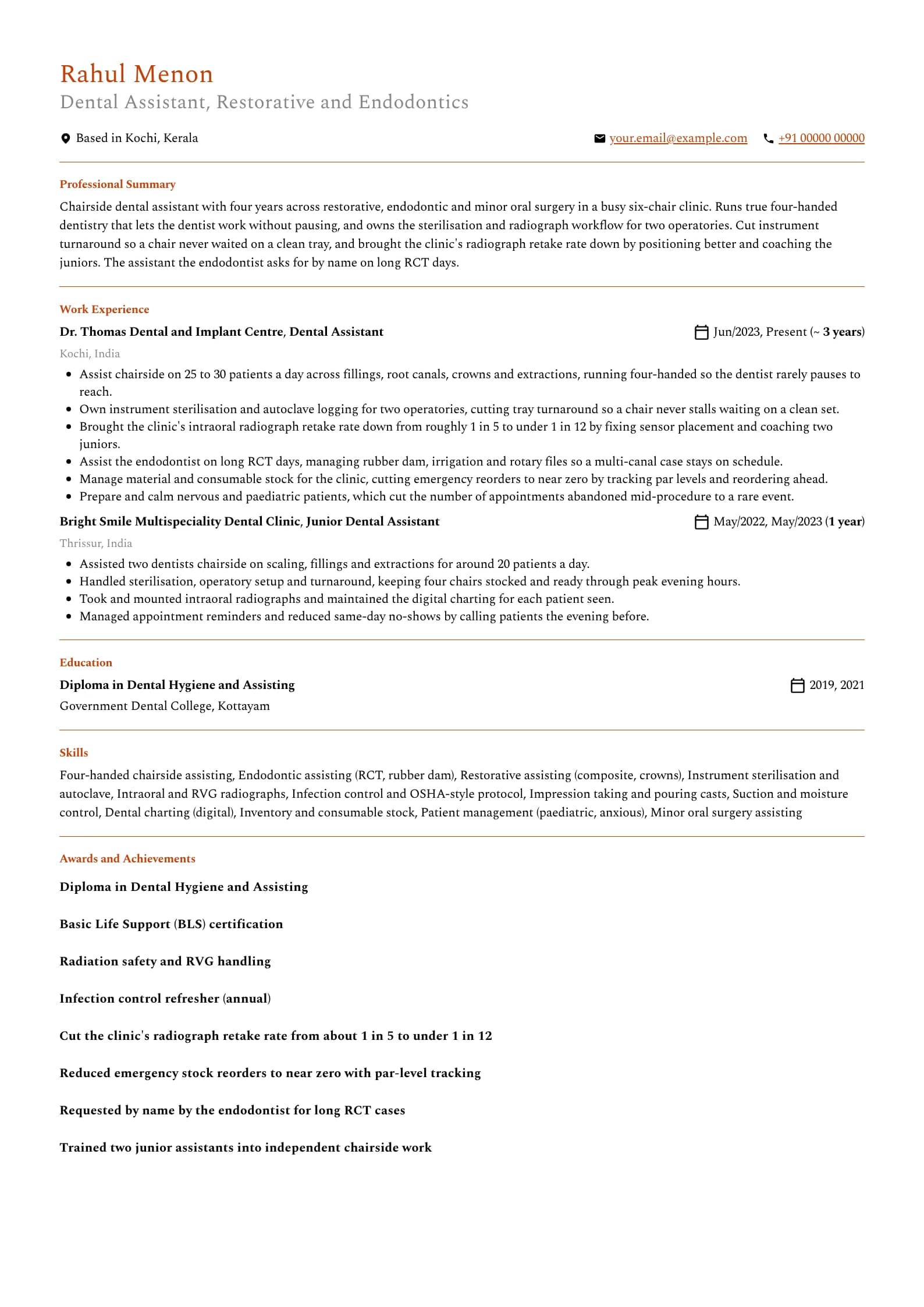 Dental Assistant resume example for Chairside (4 years), professional template, showing professional summary, work experience, skills, education and certifications