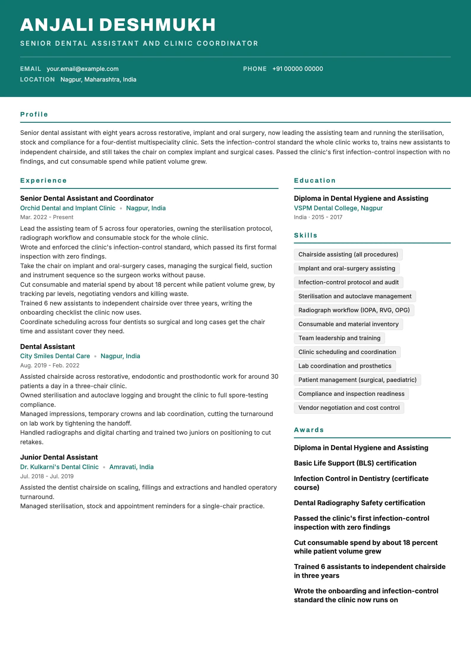 Dental Assistant resume example for Senior lead (8 years), header-band template, showing professional summary, work experience, skills, education and certifications