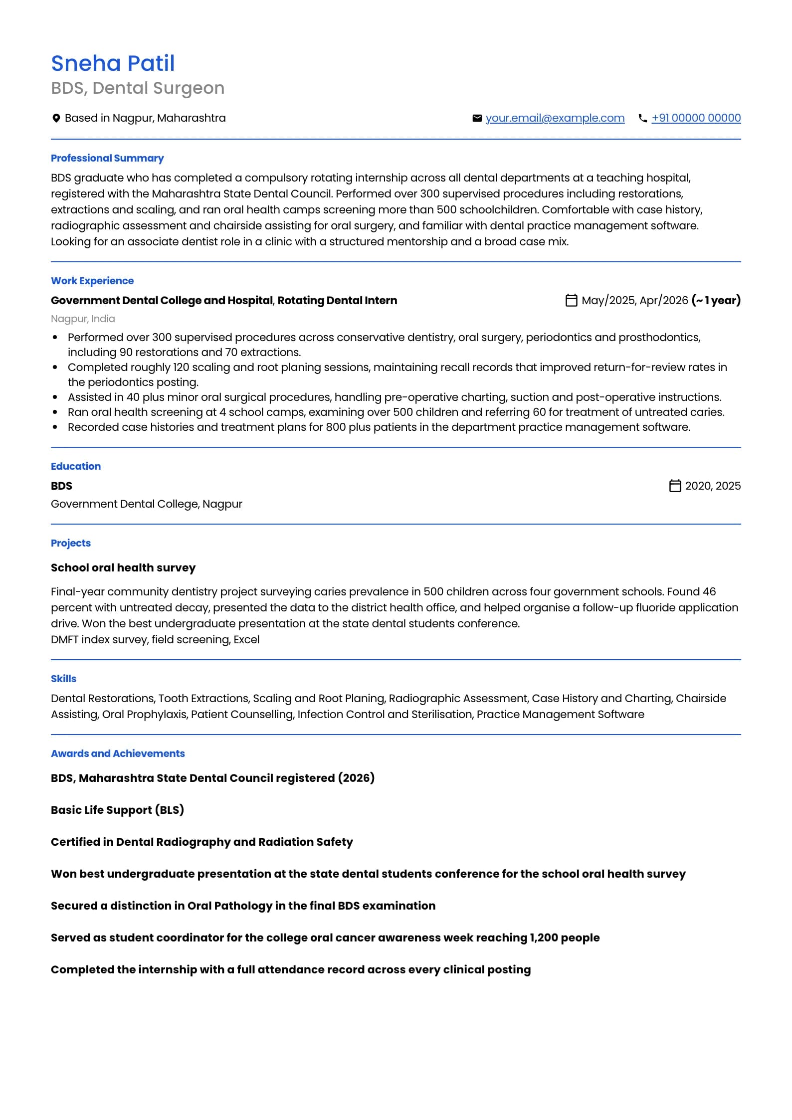 Dentist resume example for Fresher (0 years), minimalist template, showing professional summary, work experience, projects, skills, education and certifications