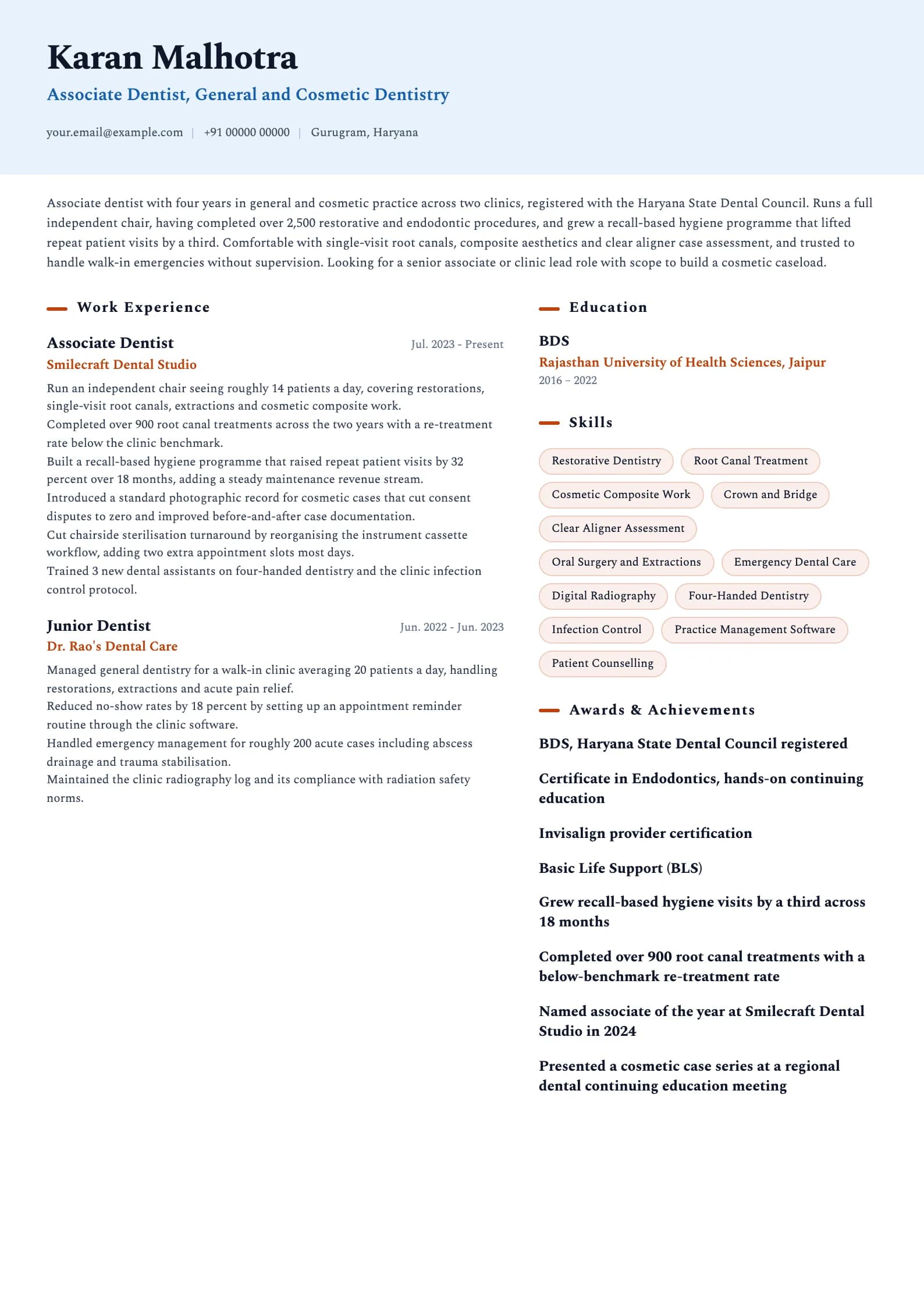 Dentist resume example for Associate Dentist (4 years), ai-era template, showing professional summary, work experience, skills, education and certifications