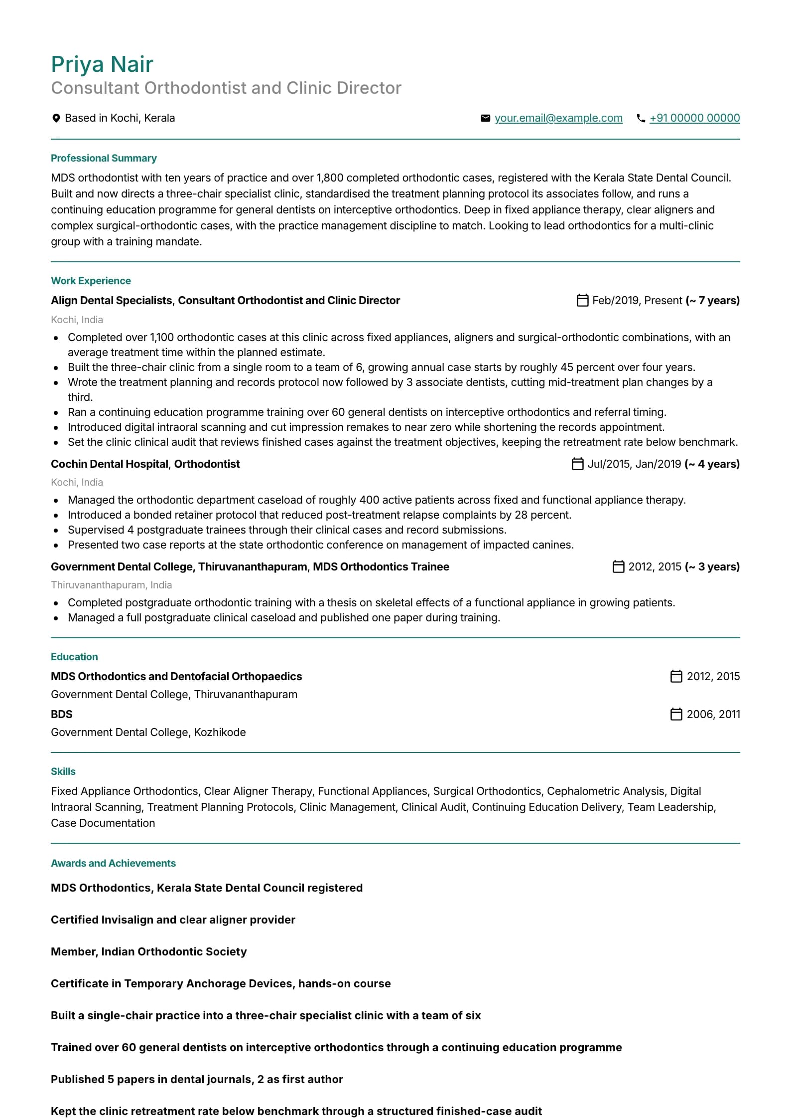 Dentist resume example for Specialist (10 years), professional template, showing professional summary, work experience, skills, education and certifications