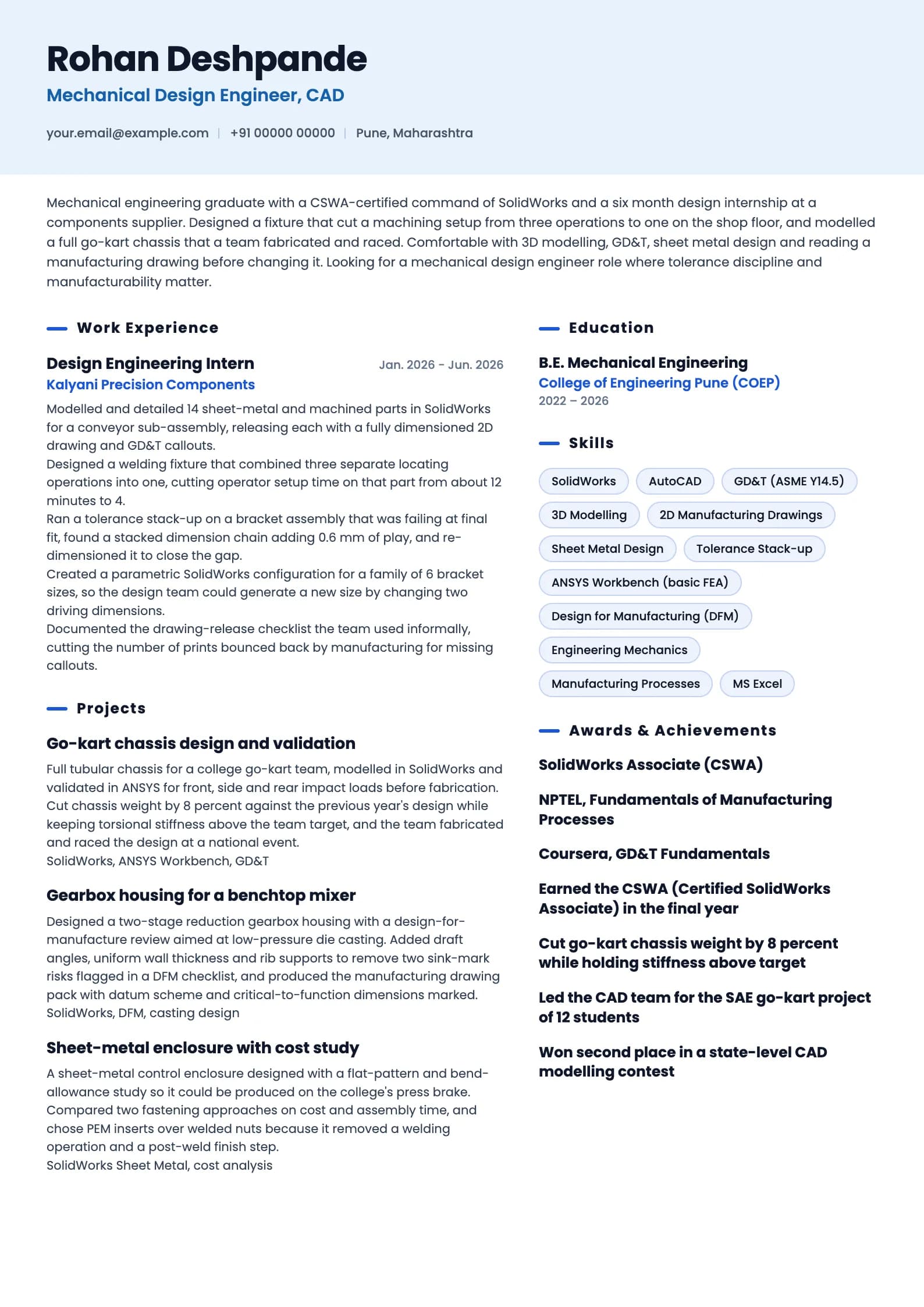 Design Engineer resume example for Fresher (0 years), ai-era template, showing professional summary, work experience, projects, skills, education and certifications