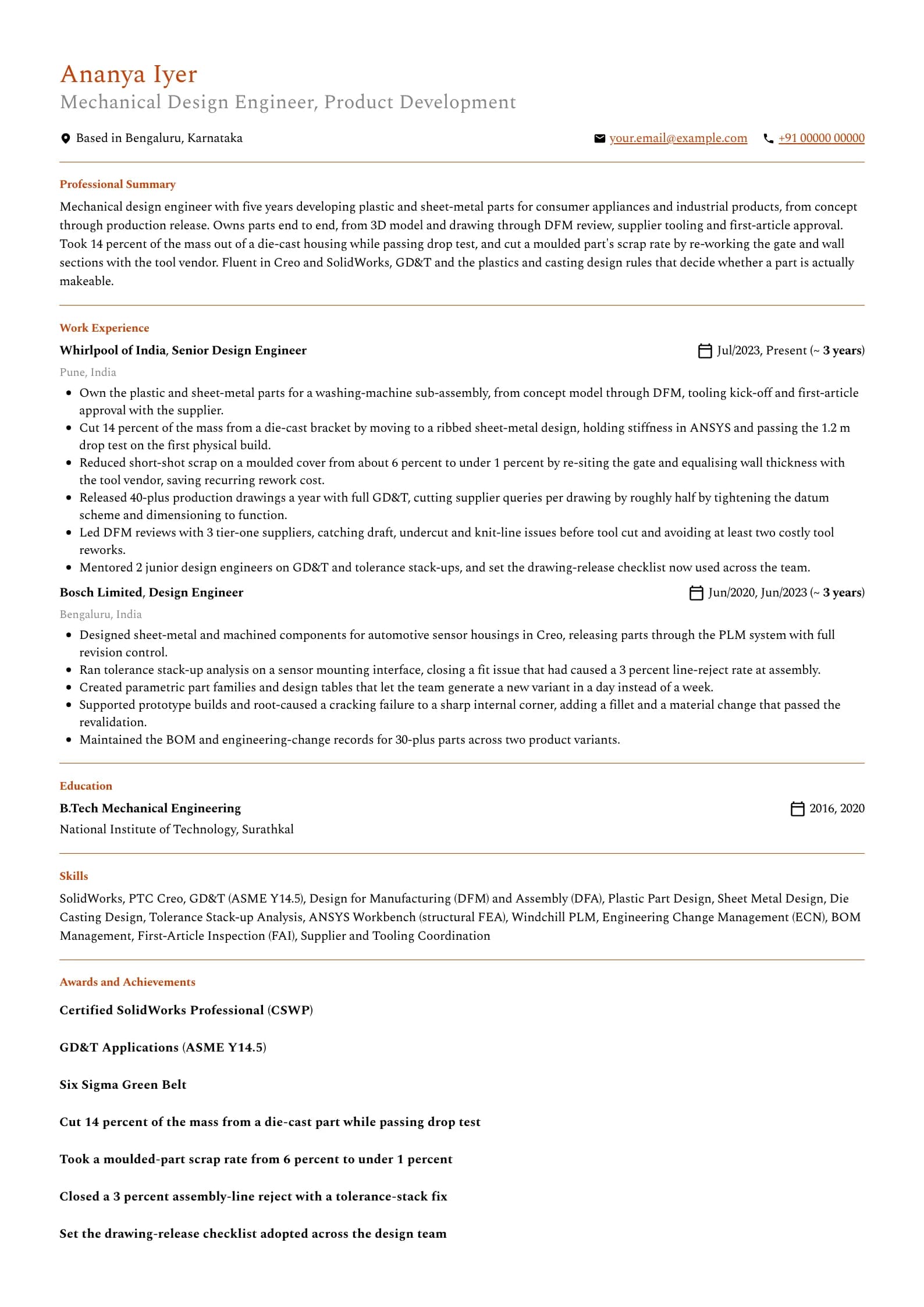 Design Engineer resume example for Mid-level (5 years), professional template, showing professional summary, work experience, skills, education and certifications