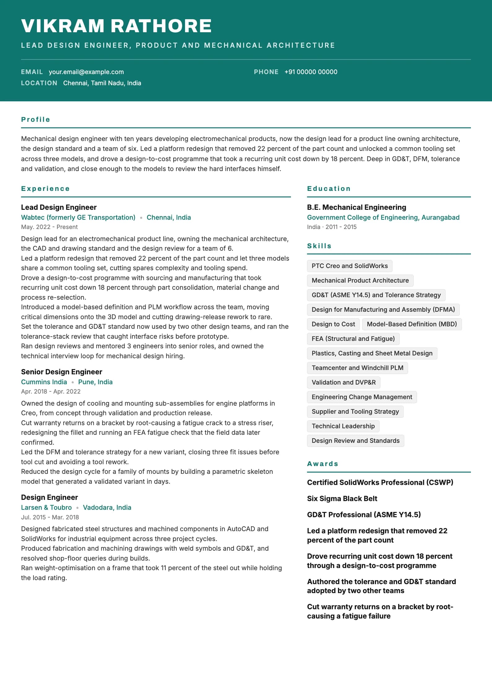 Design Engineer resume example for Senior (10 years), header-band template, showing professional summary, work experience, skills, education and certifications