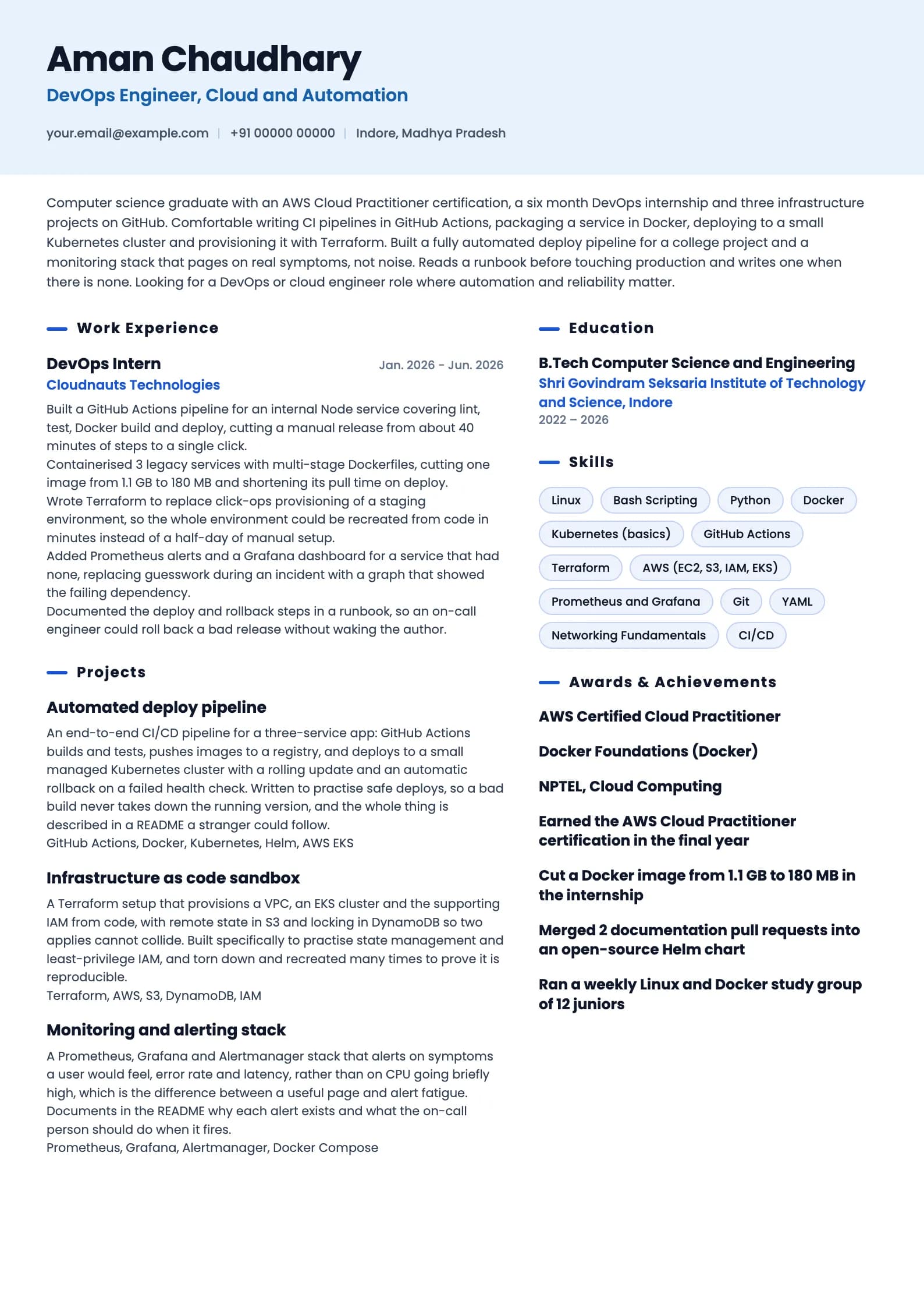 DevOps Engineer resume example for Fresher (0 to 1 year), ai-era template, showing professional summary, work experience, projects, skills, education and certifications