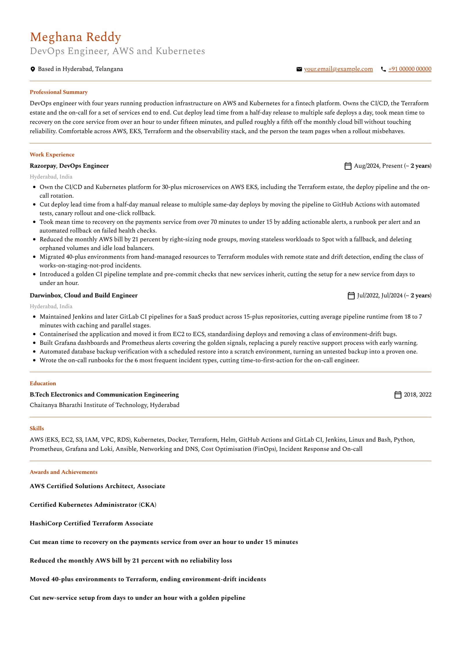DevOps Engineer resume example for Mid-level (4 years), professional template, showing professional summary, work experience, skills, education and certifications