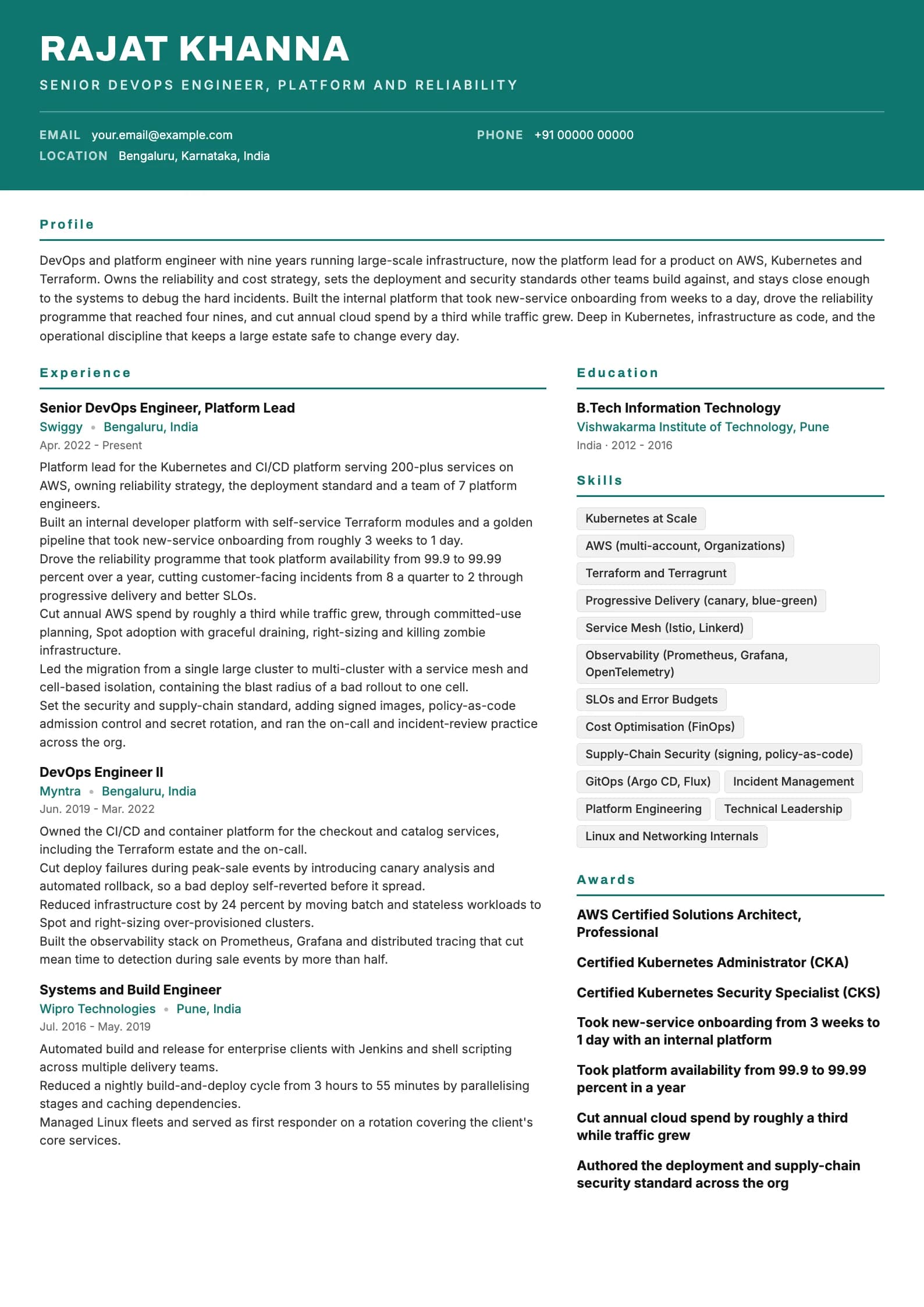DevOps Engineer resume example for Senior (9 years), header-band template, showing professional summary, work experience, skills, education and certifications