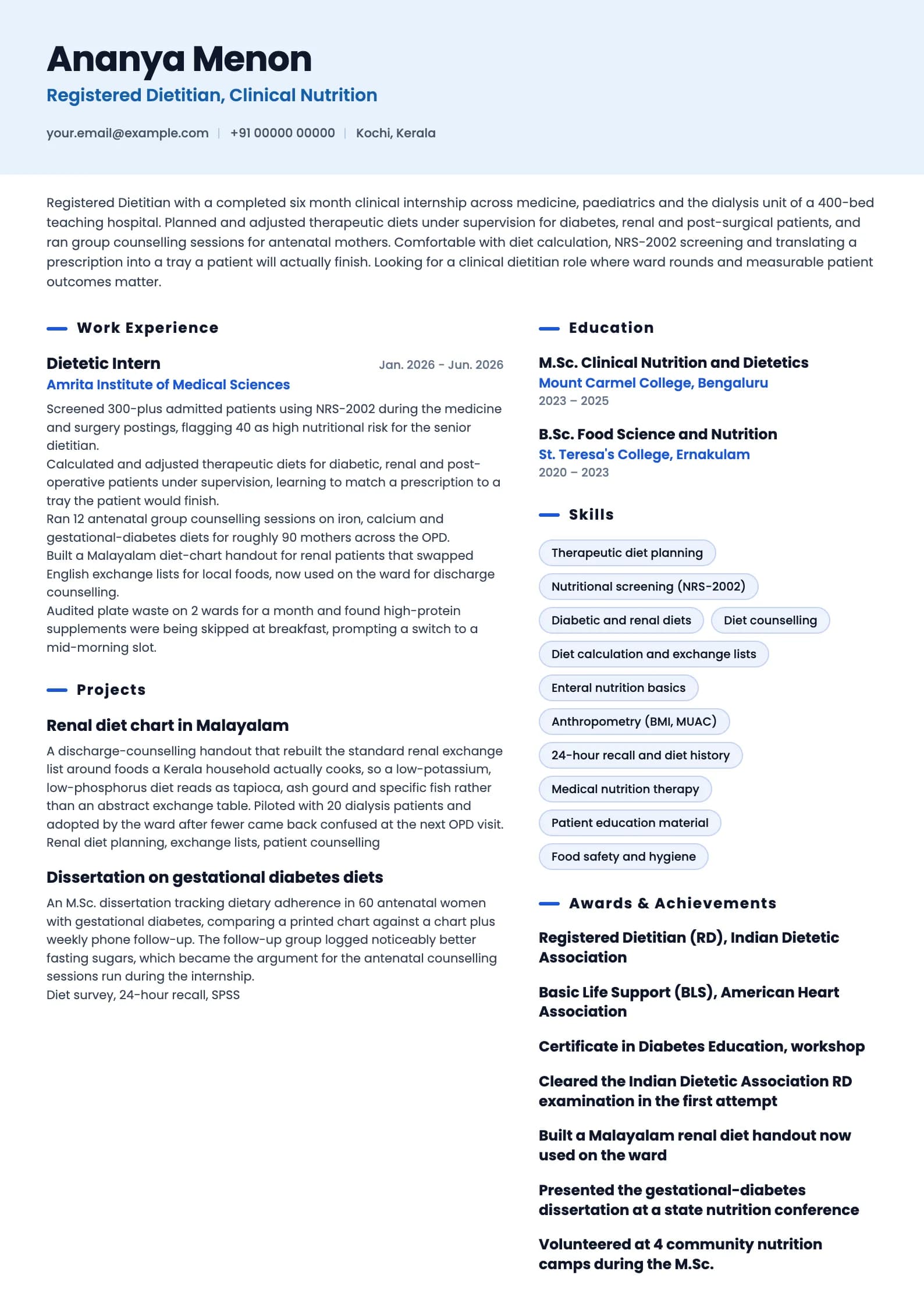 Dietitian resume example for Fresher (RD, 0 years), ai-era template, showing professional summary, work experience, projects, skills, education and certifications