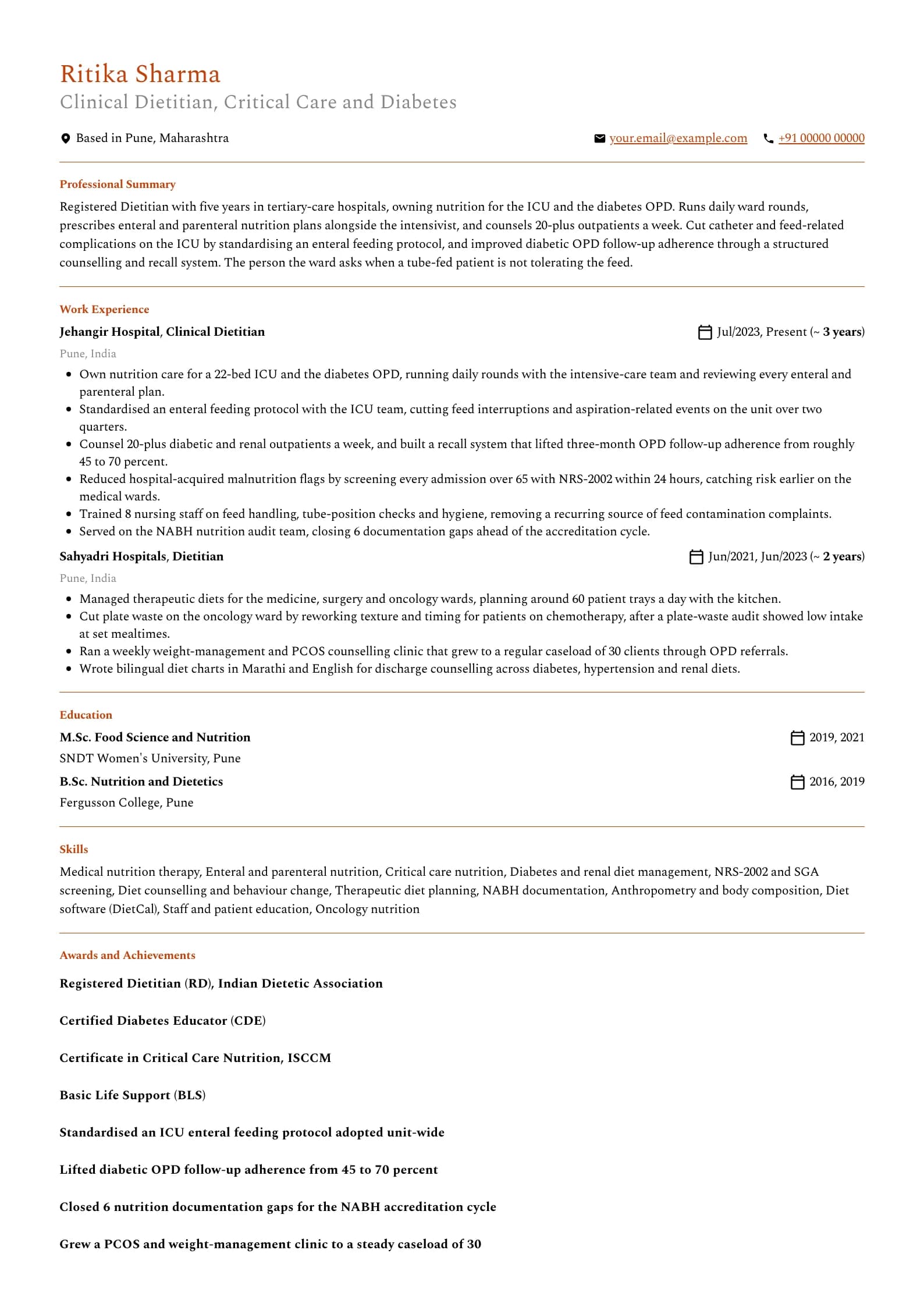 Dietitian resume example for Clinical dietitian (5 years), professional template, showing professional summary, work experience, skills, education and certifications