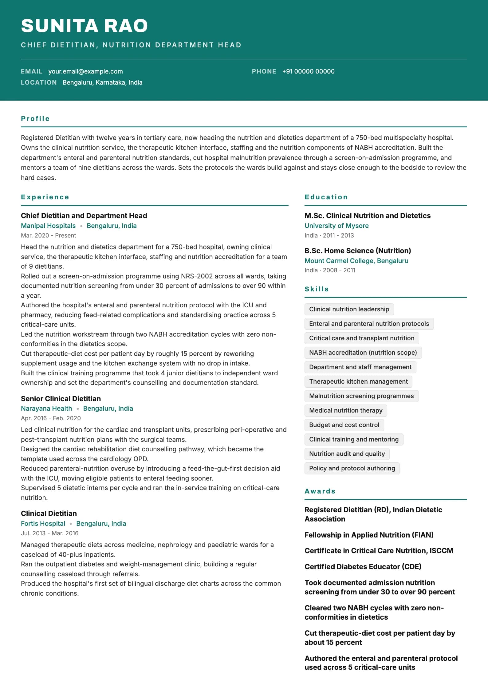 Dietitian resume example for Chief dietitian (12 years), header-band template, showing professional summary, work experience, skills, education and certifications