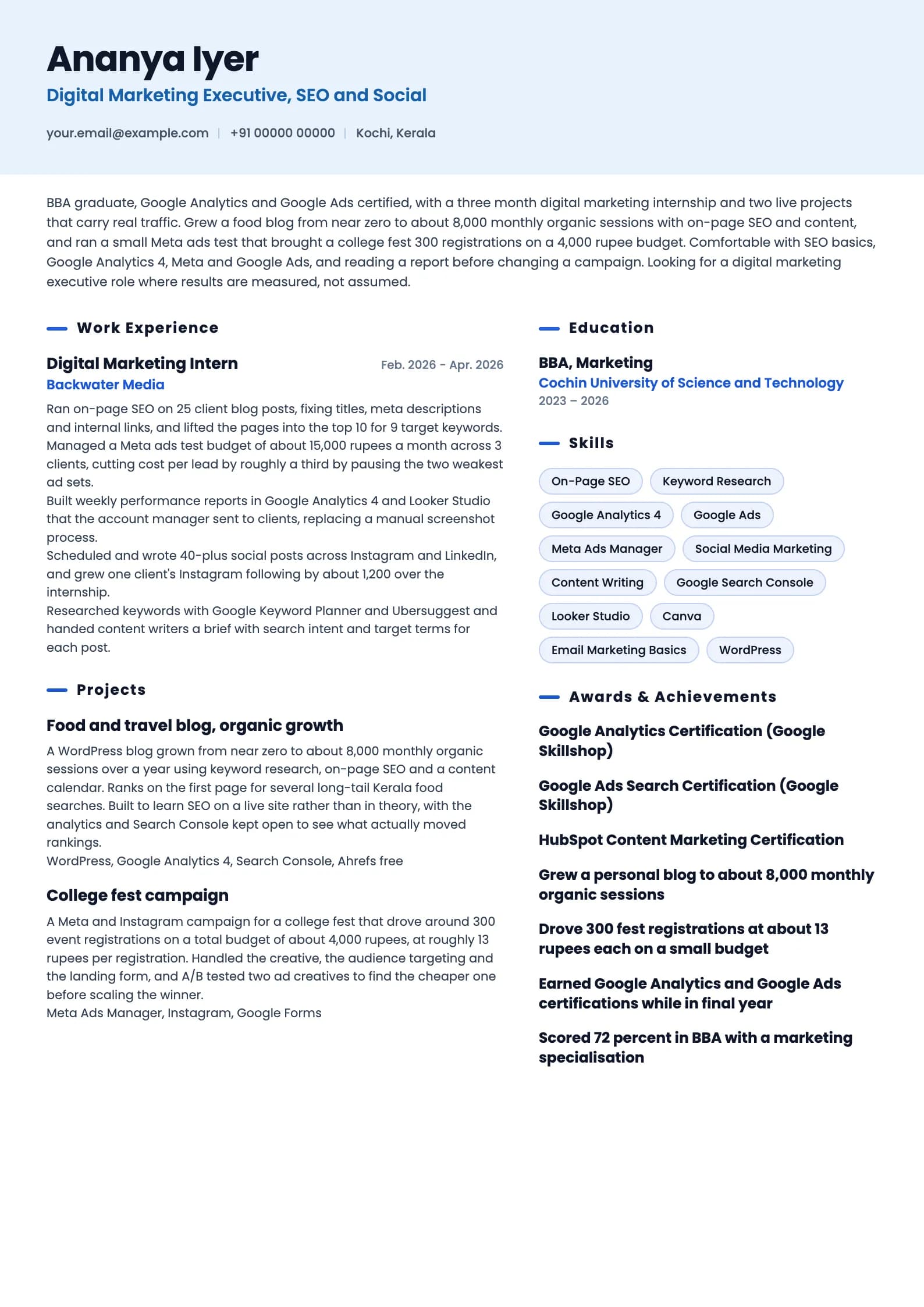 Digital Marketing Executive resume example for Fresher (0 years), ai-era template, showing professional summary, work experience, projects, skills, education and certifications