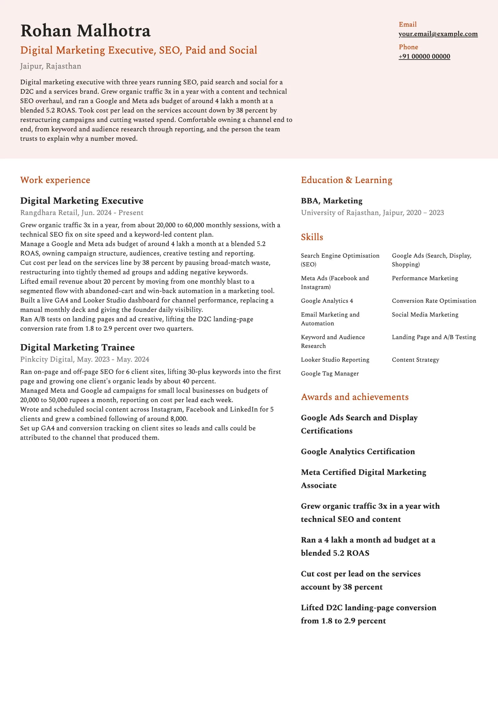 Digital Marketing Executive resume example for Executive (3 years), modern template, showing professional summary, work experience, skills, education and certifications