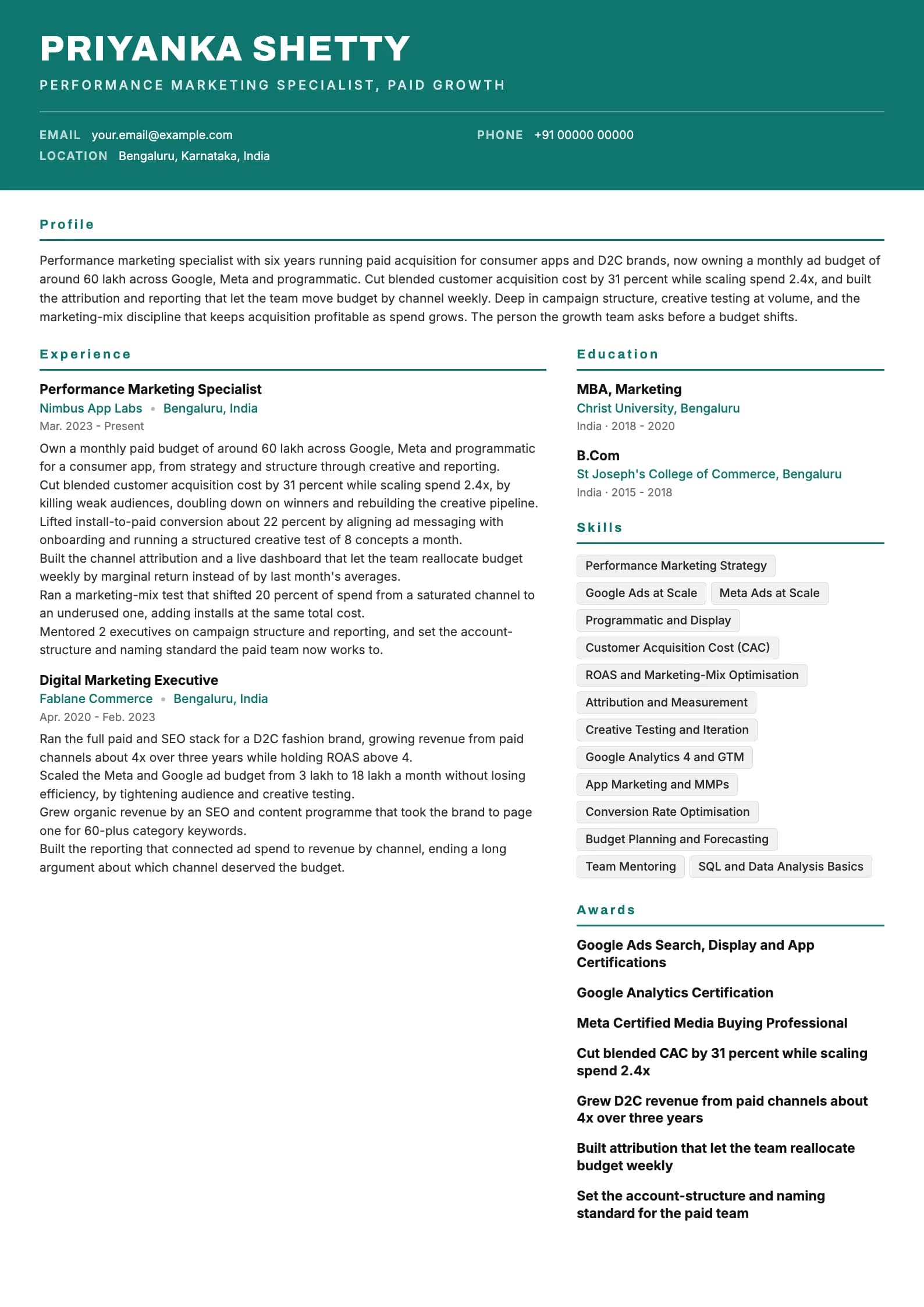 Digital Marketing Executive resume example for Specialist (6 years), header-band template, showing professional summary, work experience, skills, education and certifications