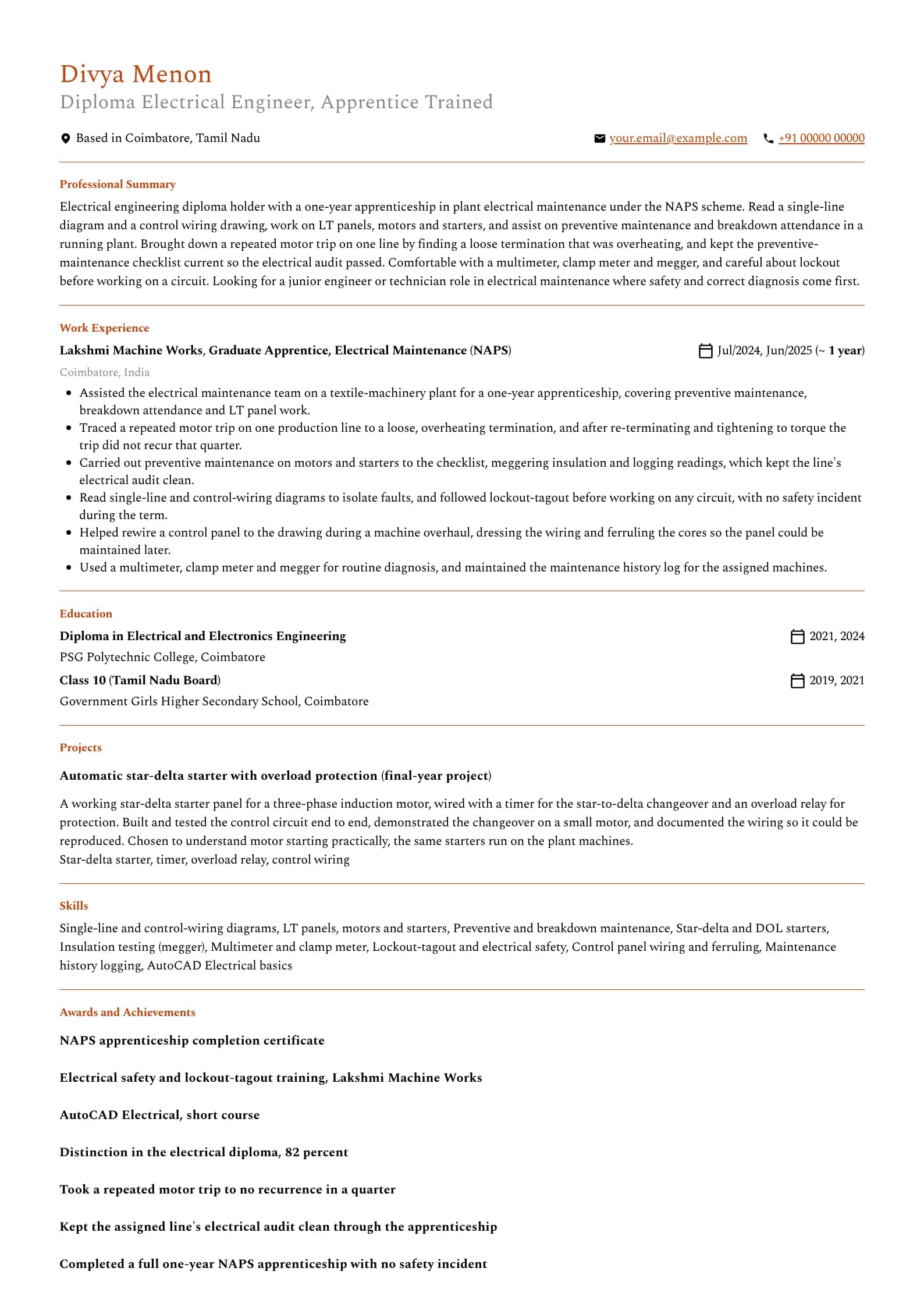 Diploma Fresher resume example for Diploma with Apprenticeship (Electrical, 1 year), professional template, showing professional summary, work experience, projects, skills, education and certifications