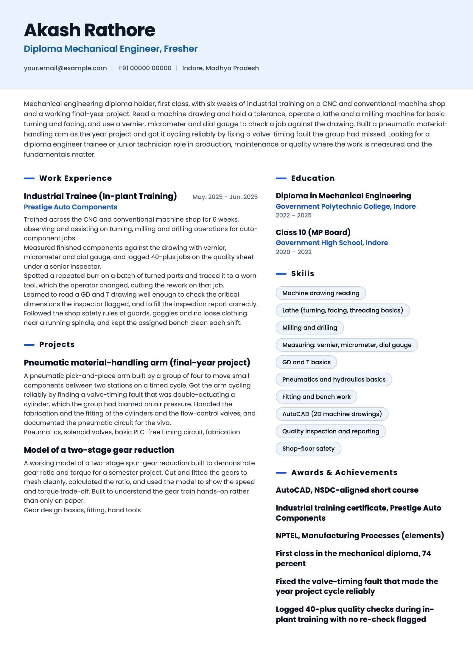 Diploma Fresher resume example for Diploma Fresher (Mechanical, 0 years), ai-era template, showing professional summary, work experience, projects, skills, education and certifications