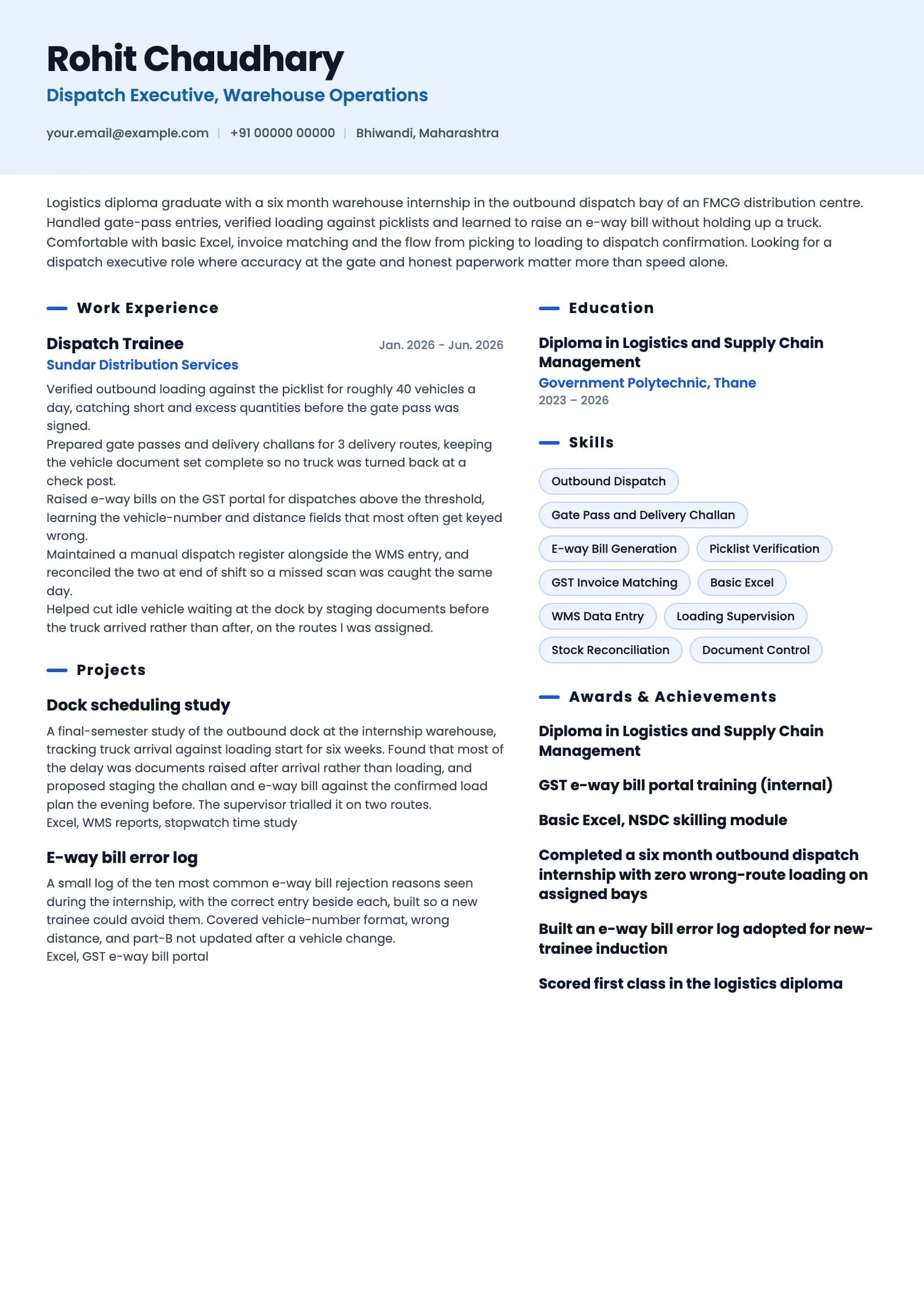 Dispatch Executive resume example for Fresher (0 years), ai-era template, showing professional summary, work experience, projects, skills, education and certifications
