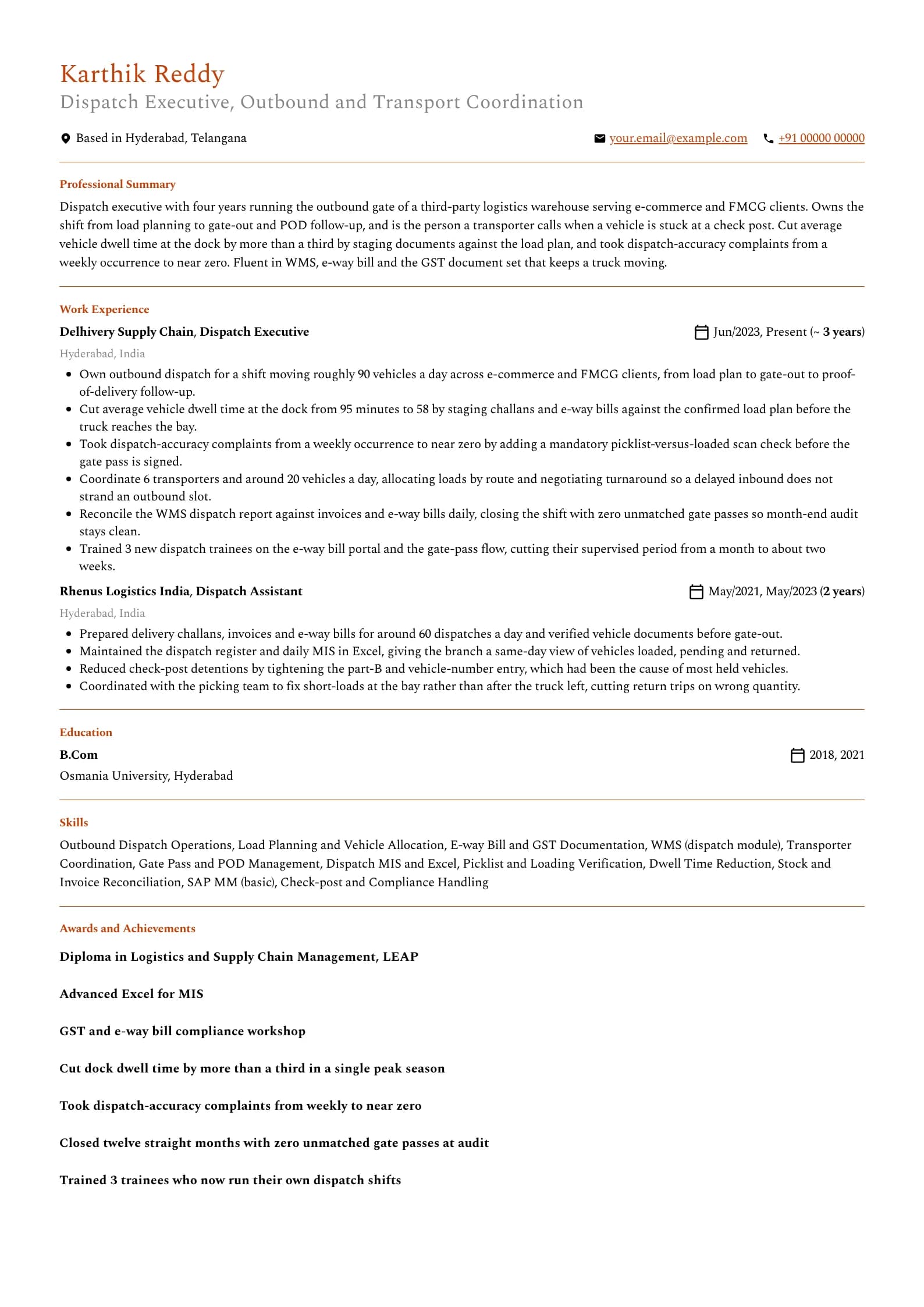 Dispatch Executive resume example for Mid-level (4 years), professional template, showing professional summary, work experience, skills, education and certifications