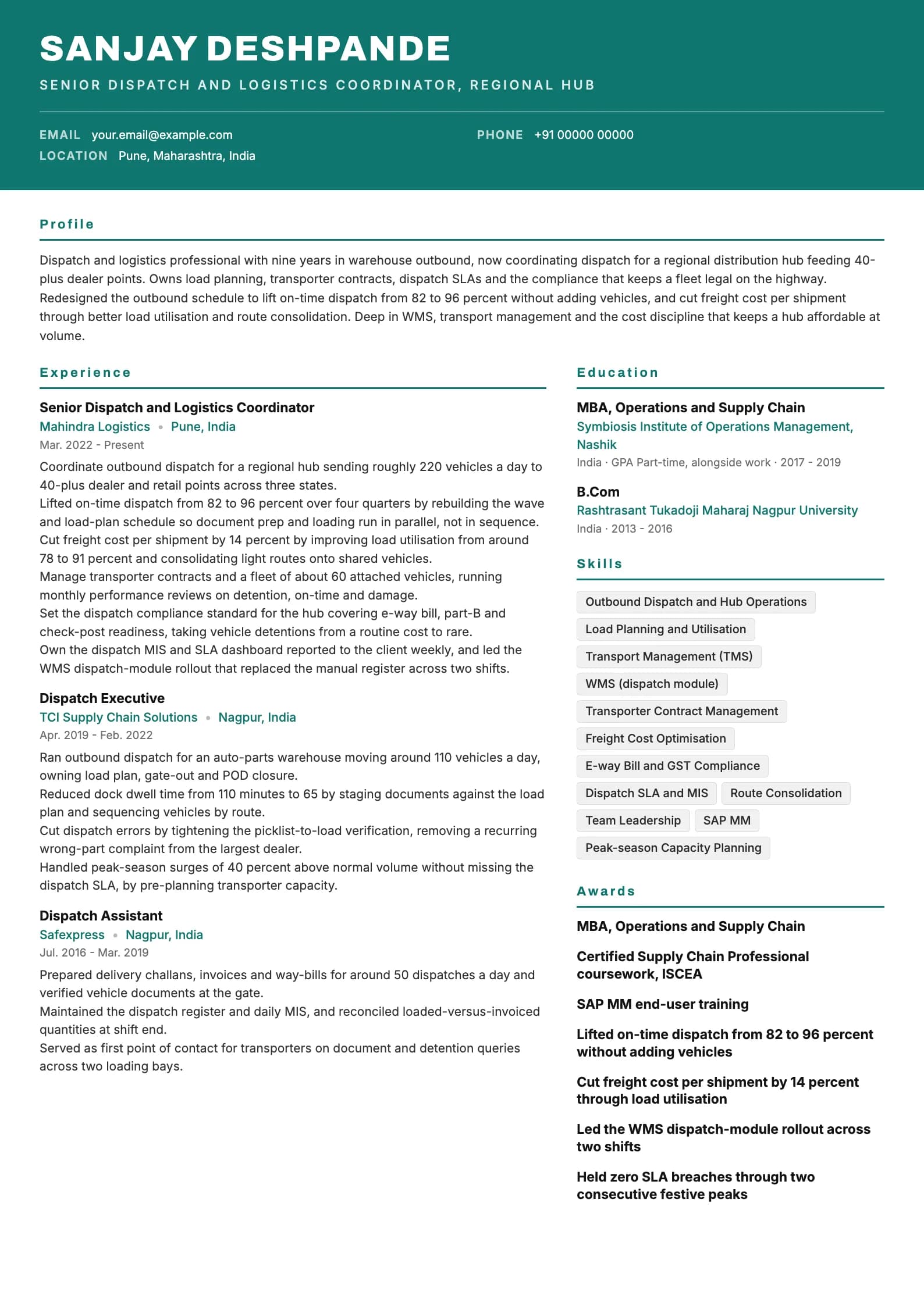 Dispatch Executive resume example for Senior (9 years), header-band template, showing professional summary, work experience, skills, education and certifications