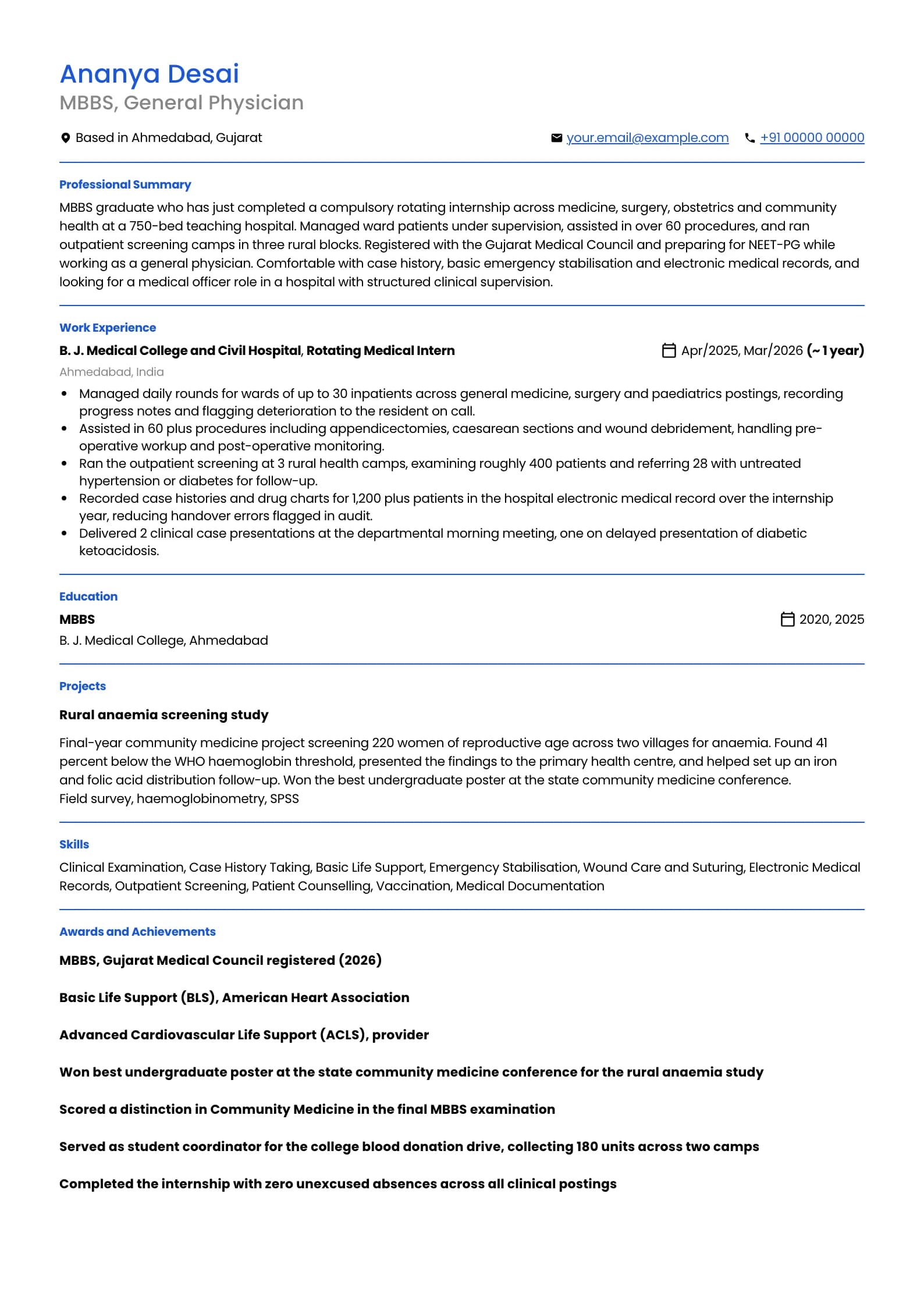 Doctor resume example for Fresher (0 years), professional template, showing professional summary, work experience, projects, skills, education and certifications