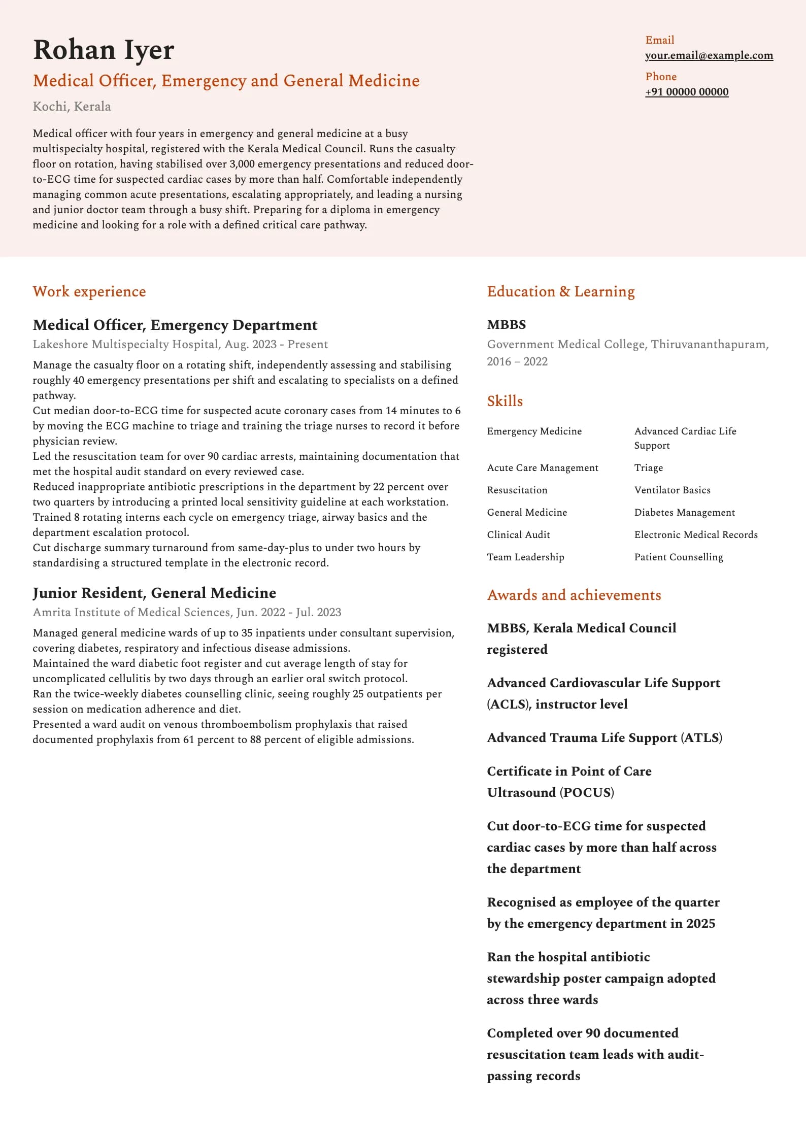 Doctor resume example for Medical Officer (4 years), modern template, showing professional summary, work experience, skills, education and certifications