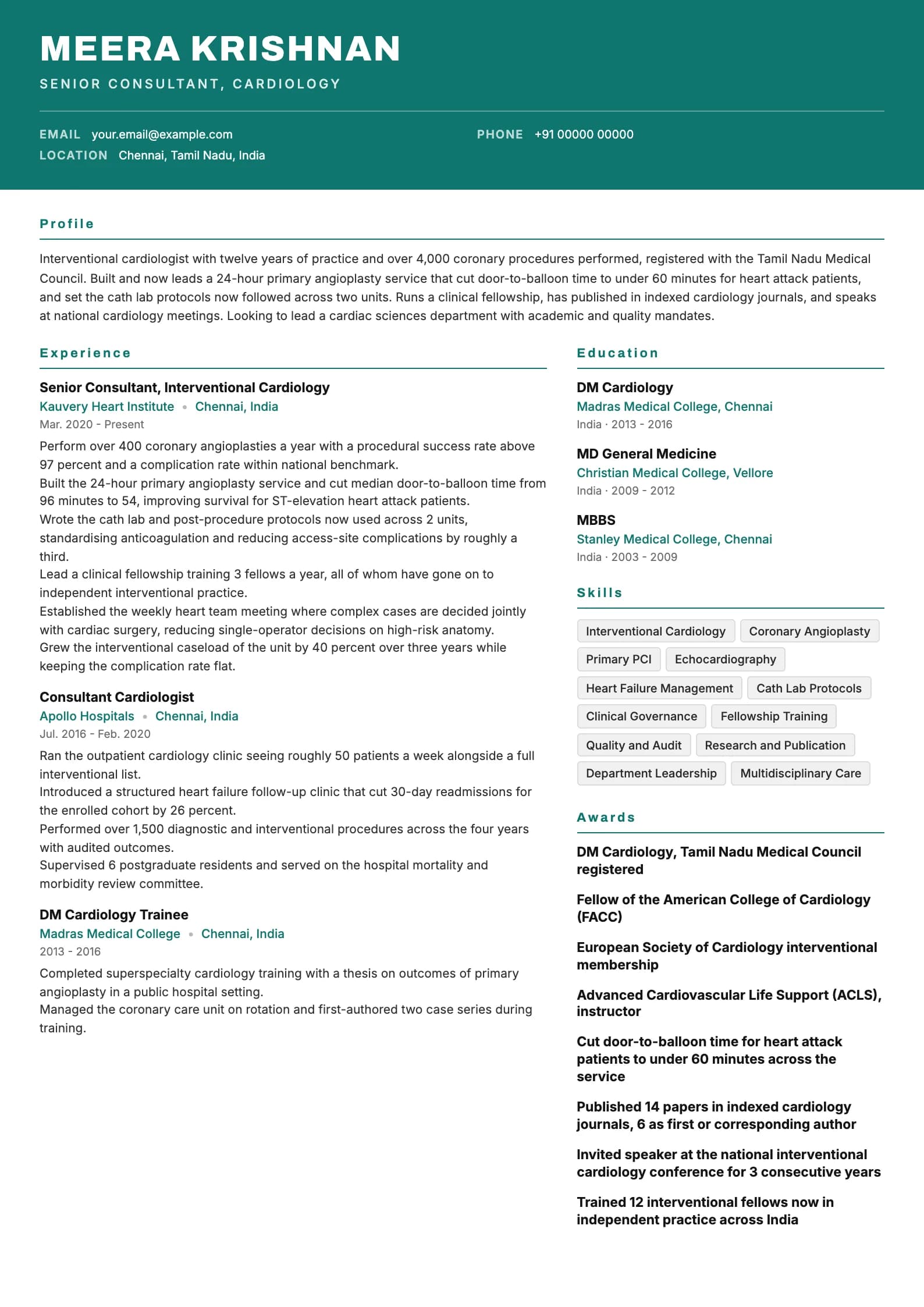 Doctor resume example for Consultant (12 years), header-band template, showing professional summary, work experience, skills, education and certifications