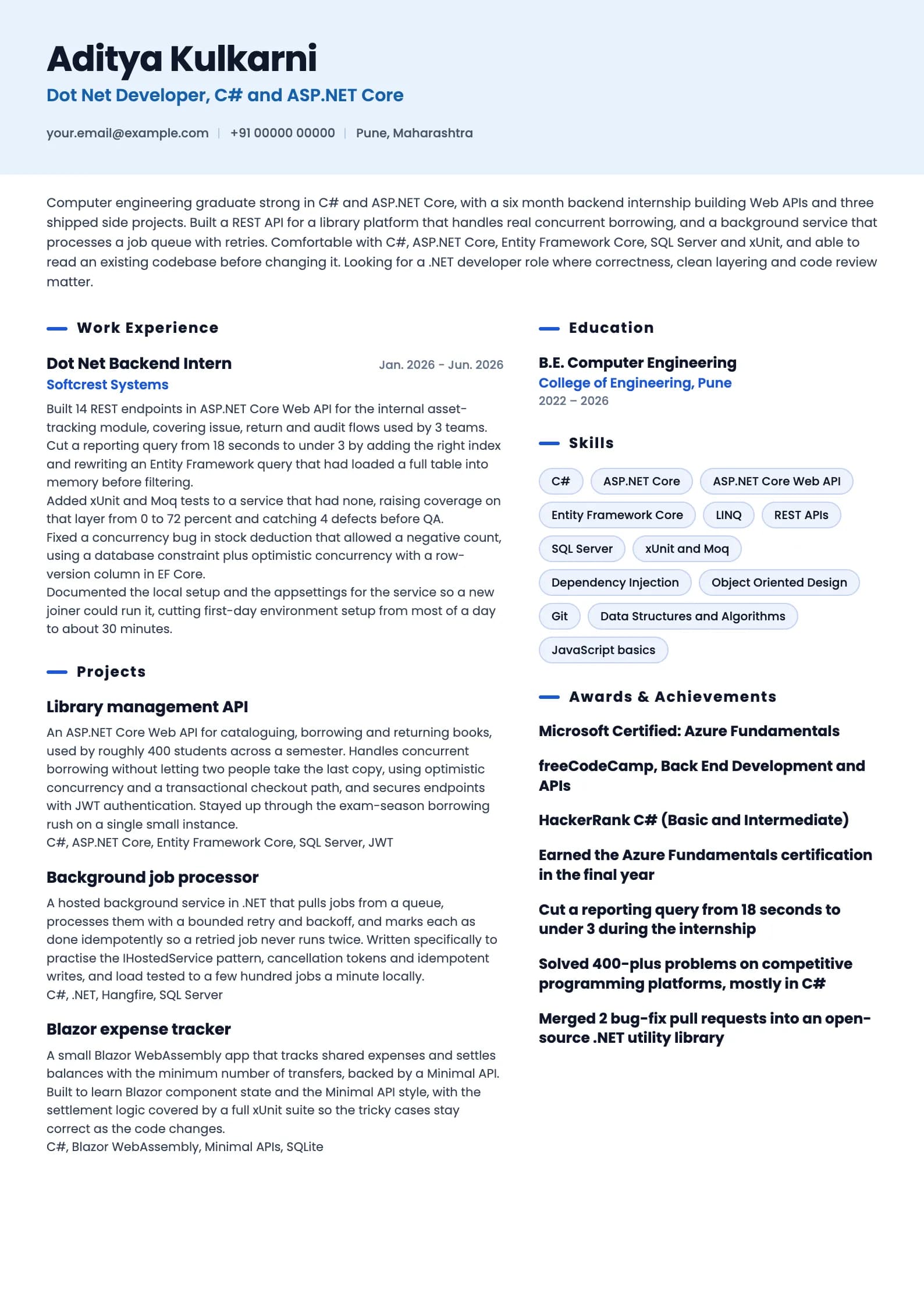 Dot Net Developer resume example for Fresher (0 to 1 year), ai-era template, showing professional summary, work experience, projects, skills, education and certifications