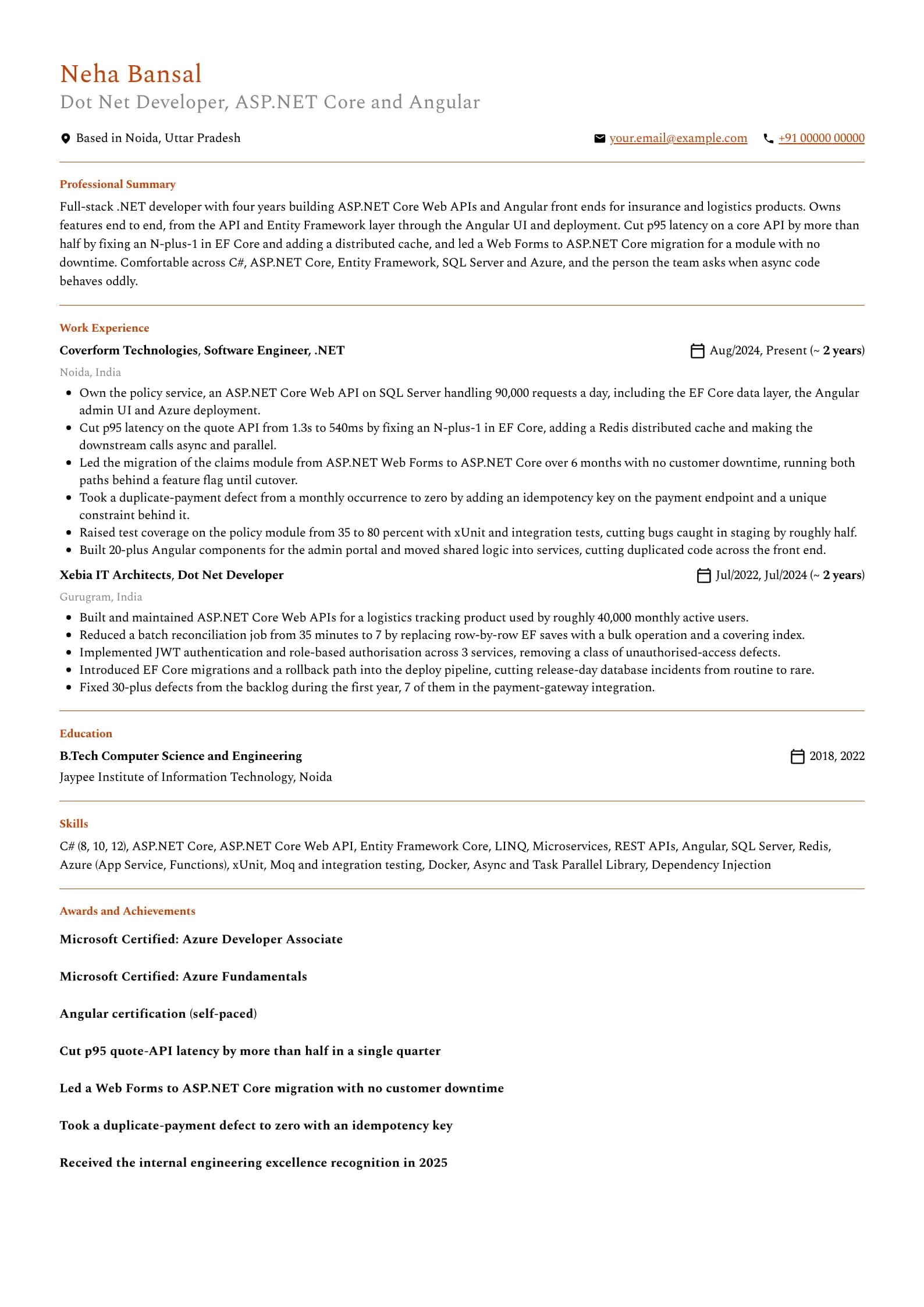 Dot Net Developer resume example for Mid-level (4 years), professional template, showing professional summary, work experience, skills, education and certifications