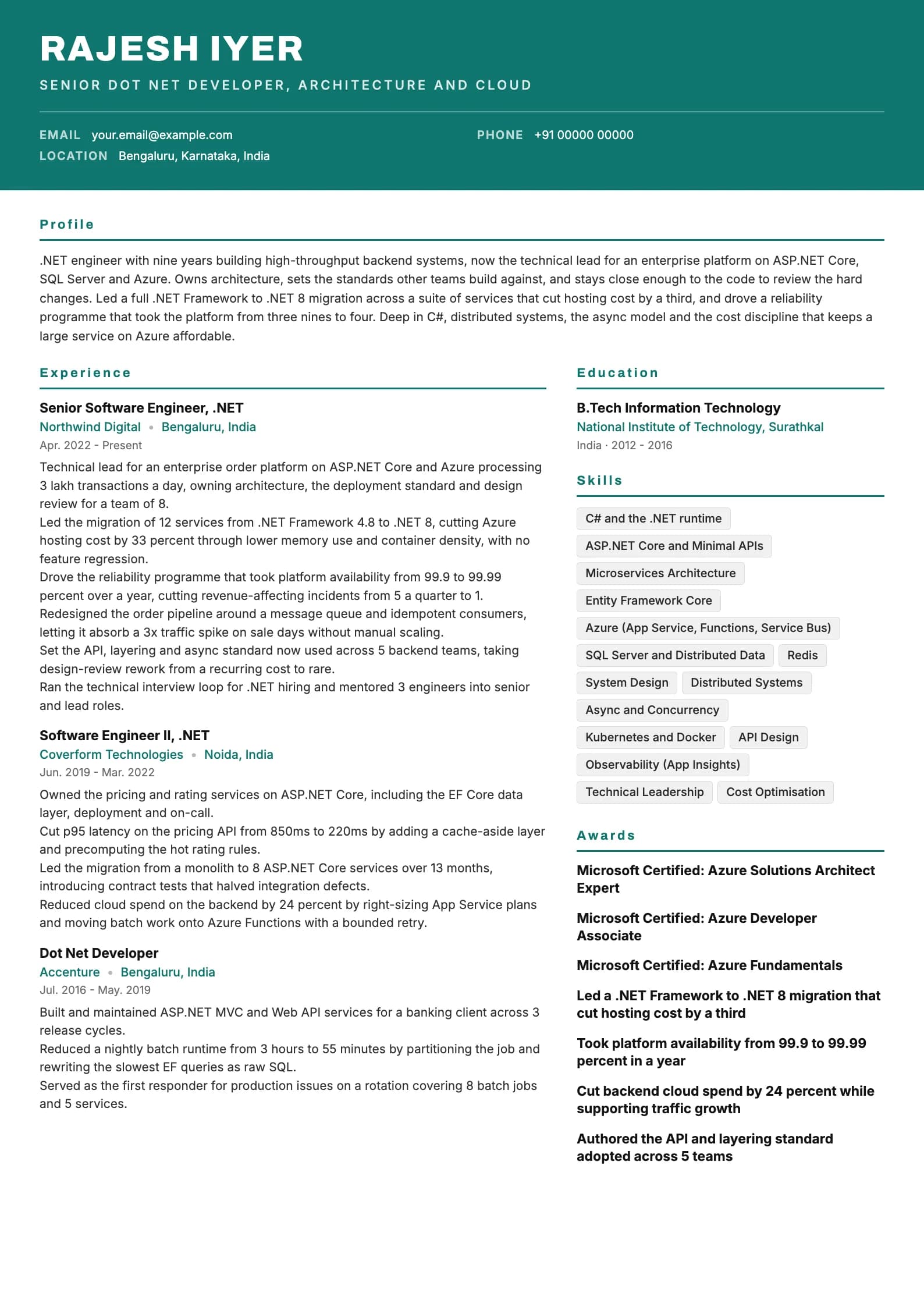 Dot Net Developer resume example for Senior (9 years), header-band template, showing professional summary, work experience, skills, education and certifications