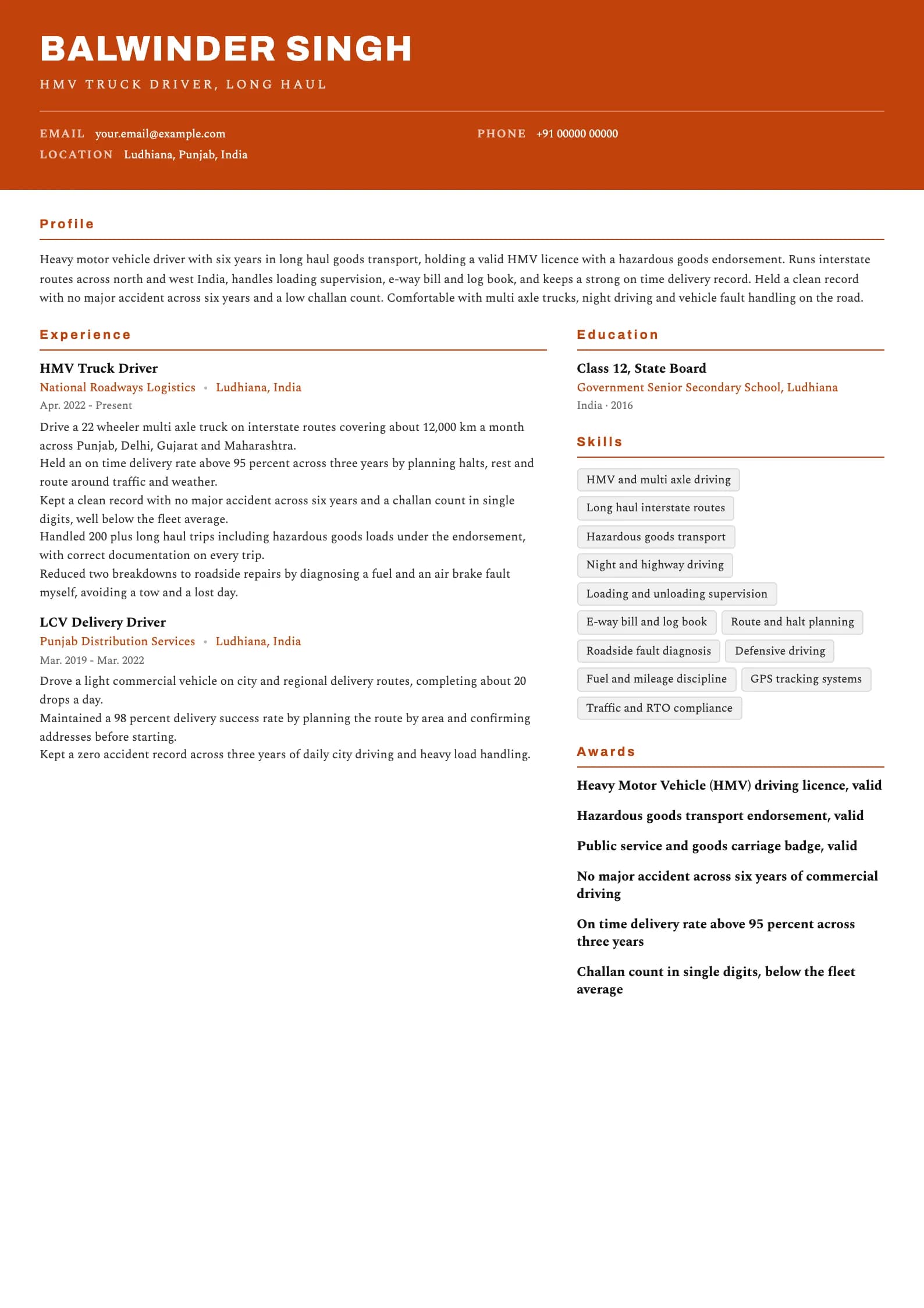 Driver resume example for Experienced Commercial Driver (6 years), header-band template, showing professional summary, work experience, skills, education and certifications